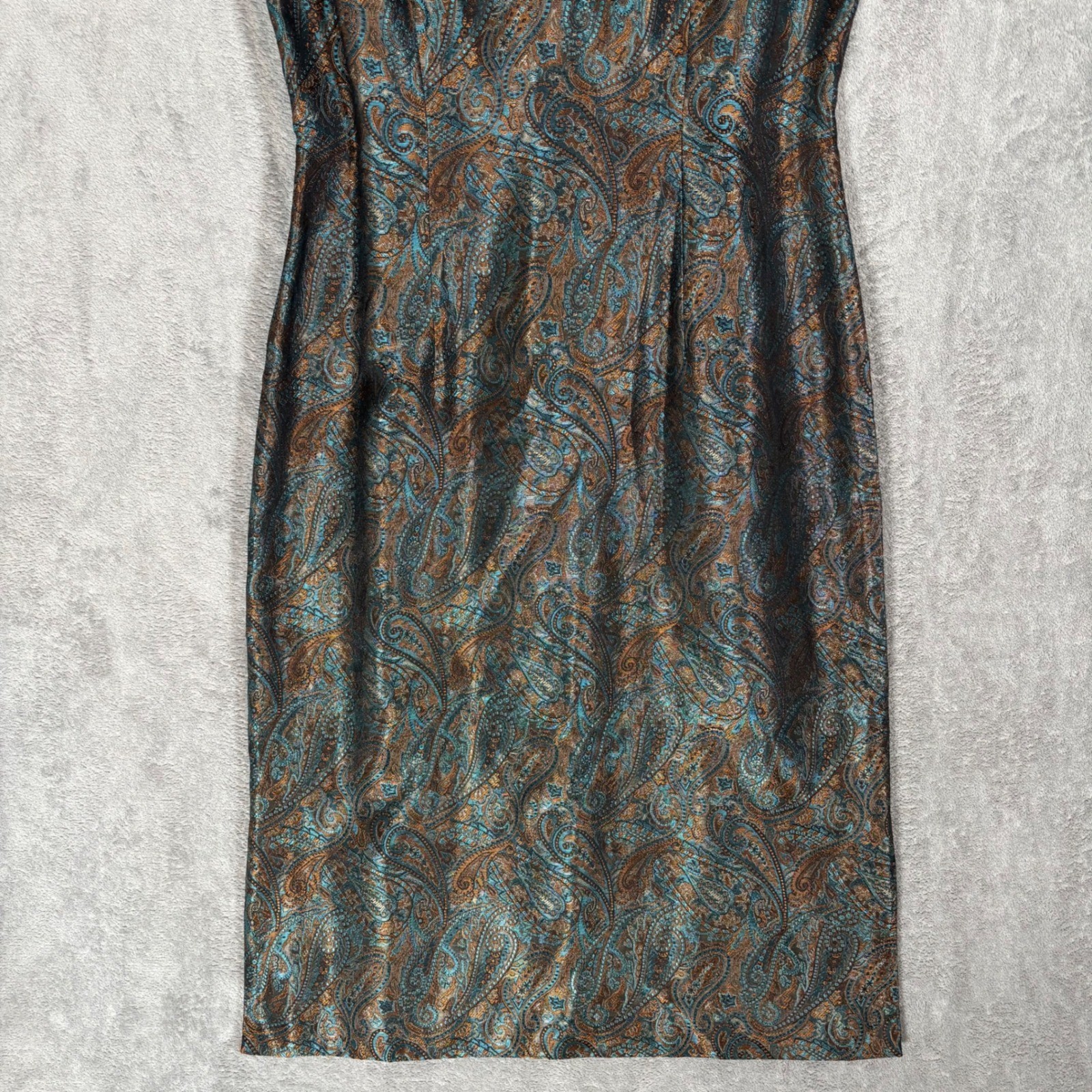 Althuser Vintage 100% Silk Paisley Brocade V-Neck Sheath Dress Teal Copper 4