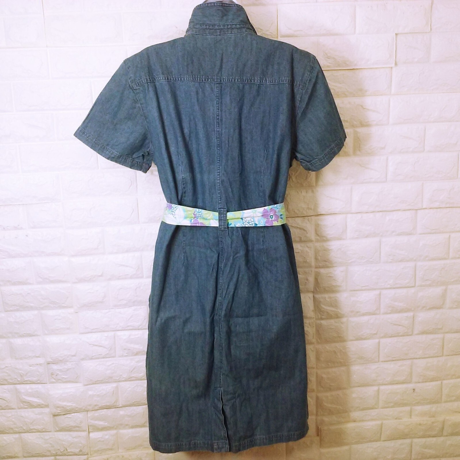 Vintage 90s Erika Denim Button-Front Shirt Dress XL(16) Pockets SSL Floral Belt
