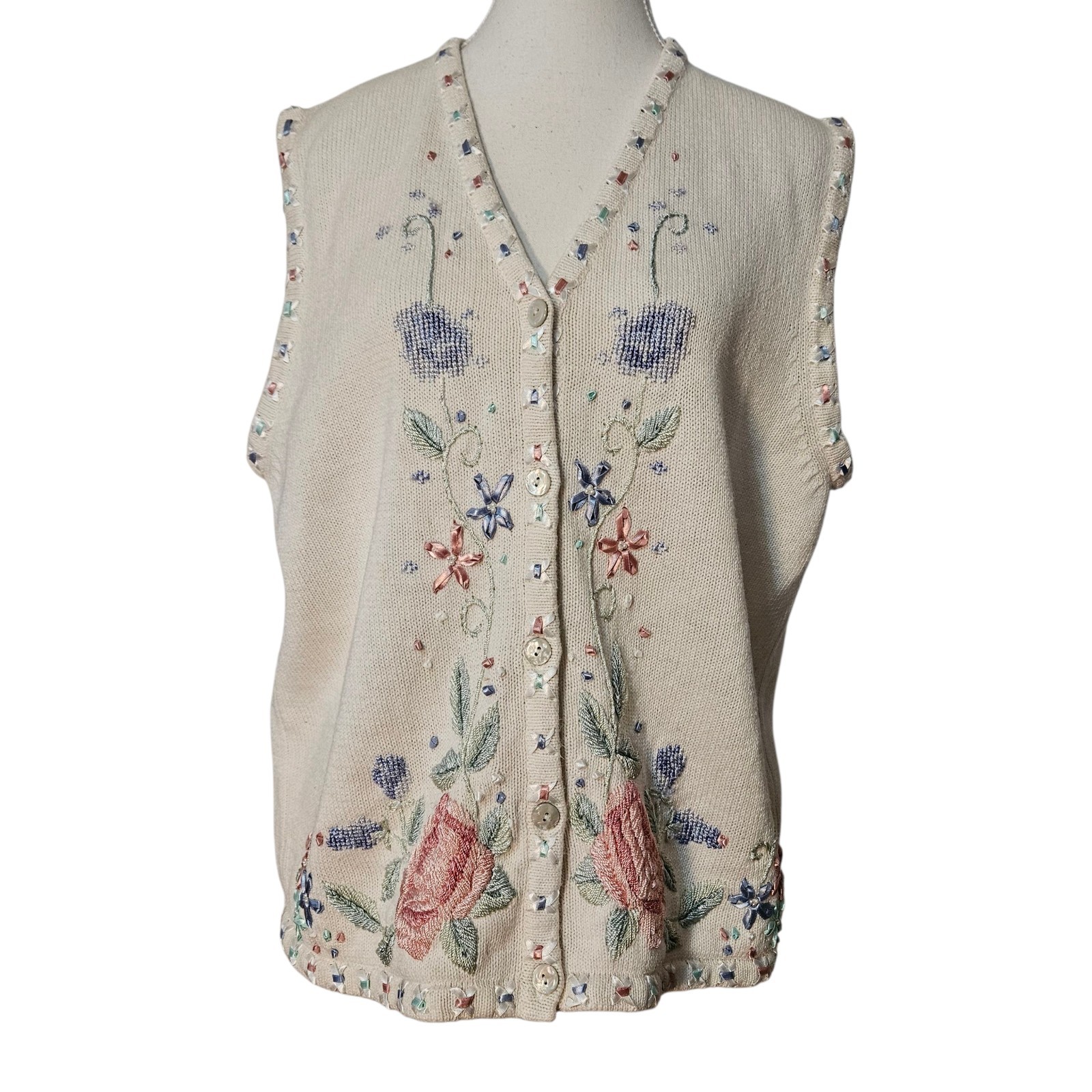 Vintage TanJay Women’s Vest Size Medium Lavishly Decorated Ribbon Flowers Beads