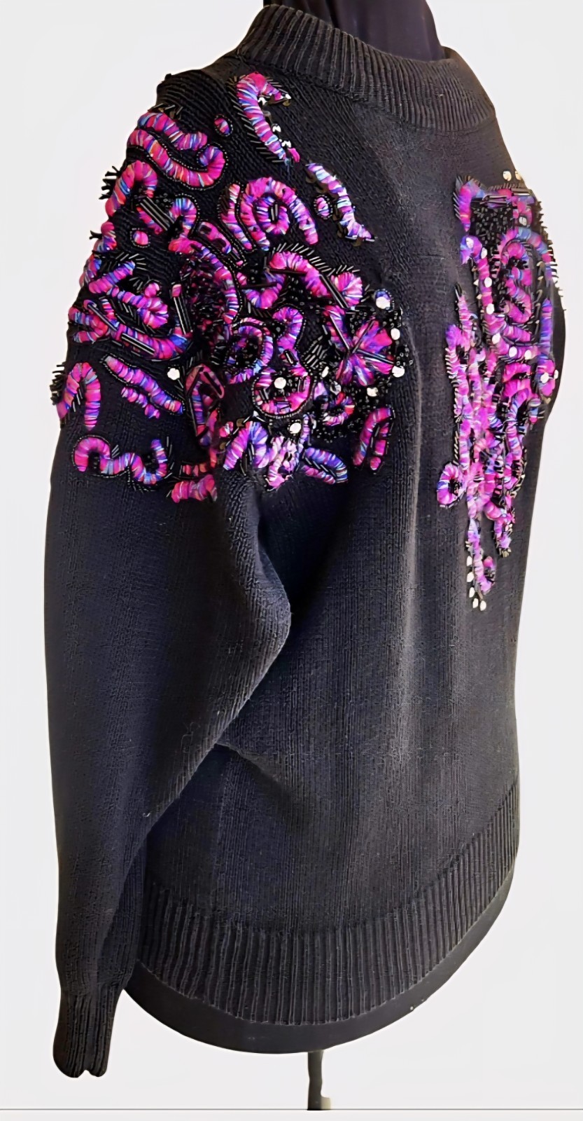 1980s P.A. INTERNATIONAL Black Multi-Color Embroidered Beaded Sequined Sweater M