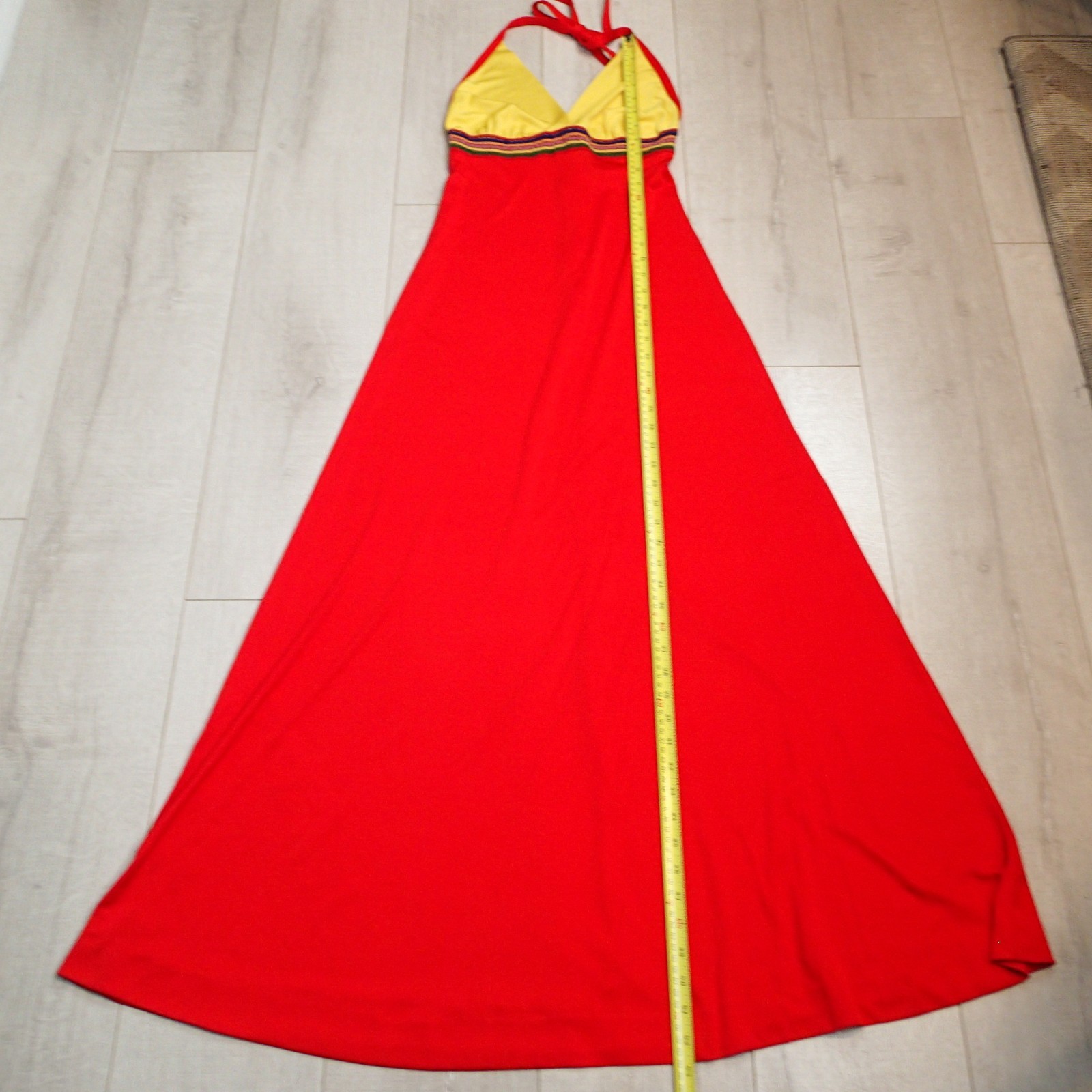 70s Joy Stevens California Halter Dress red yellow Maxi crochet boho sz 5/6