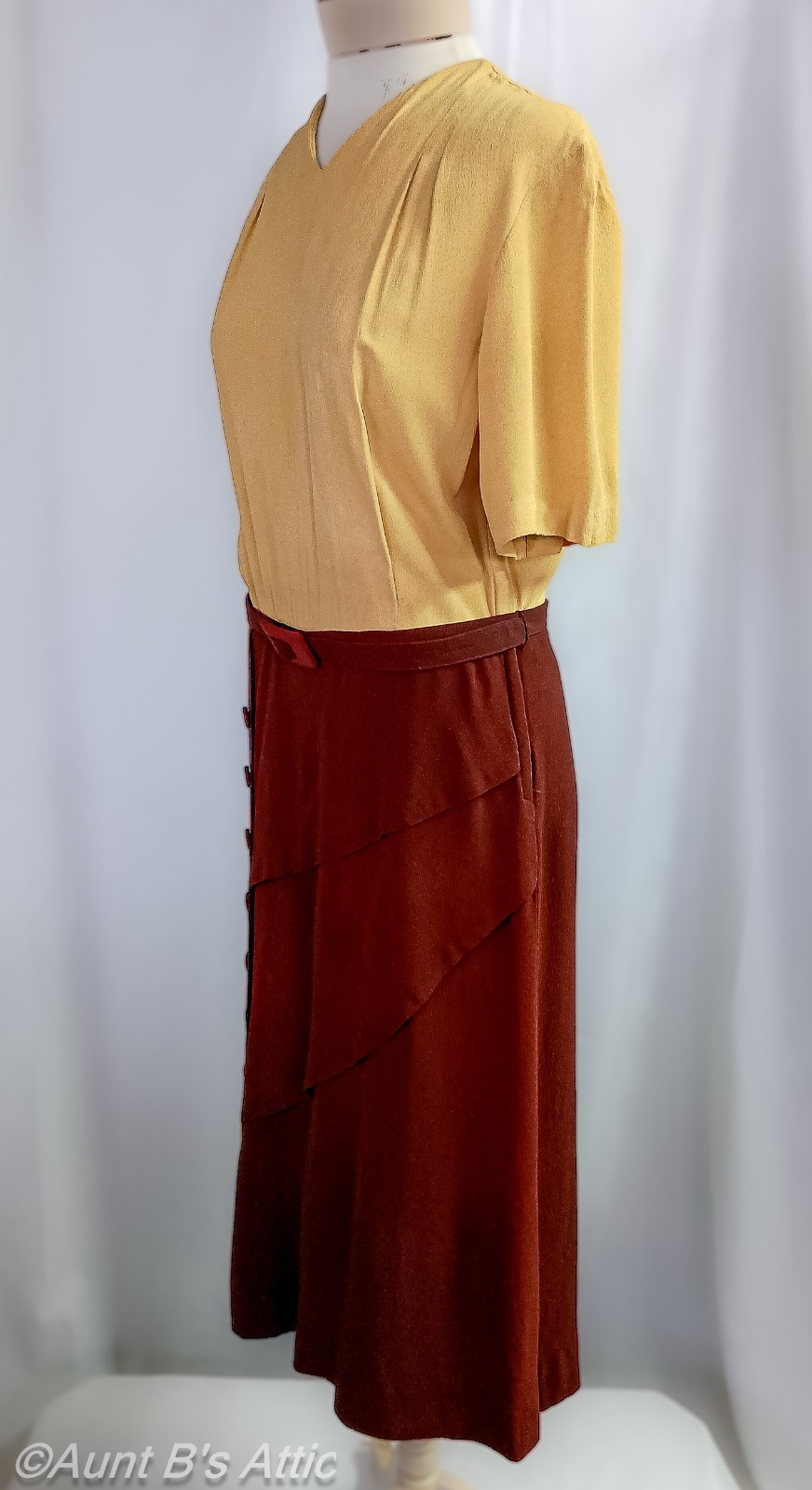 Vintage 40’s Demi Dell Originals 3Pc Br/Gold Rayon Crepe Dress Jacket & Belt LG