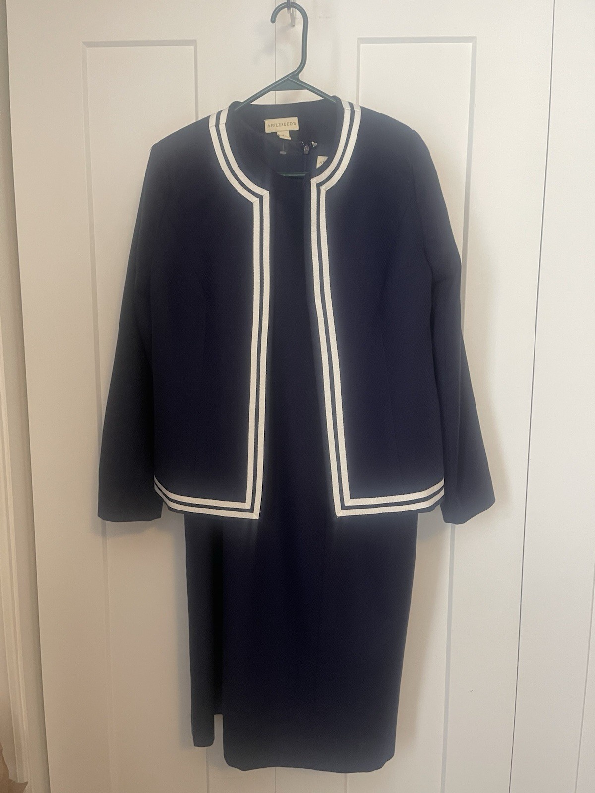 VTG APPLESEED’S Sheath Suit Dress 2 Pieces Navy W/ White Sz 8Business Church