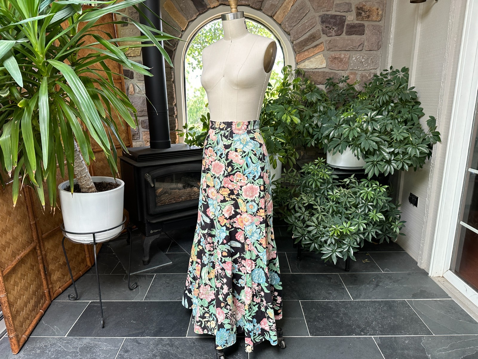 Vintage 1970s Bias Cut Swirl Black Pink Green Floral Maxi Skirt Kelita New York