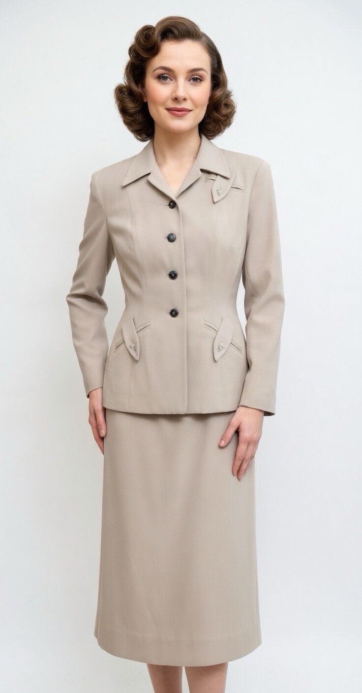 Vtg 1940s Grey Gabardine Wool Skirt Suit With Hearts