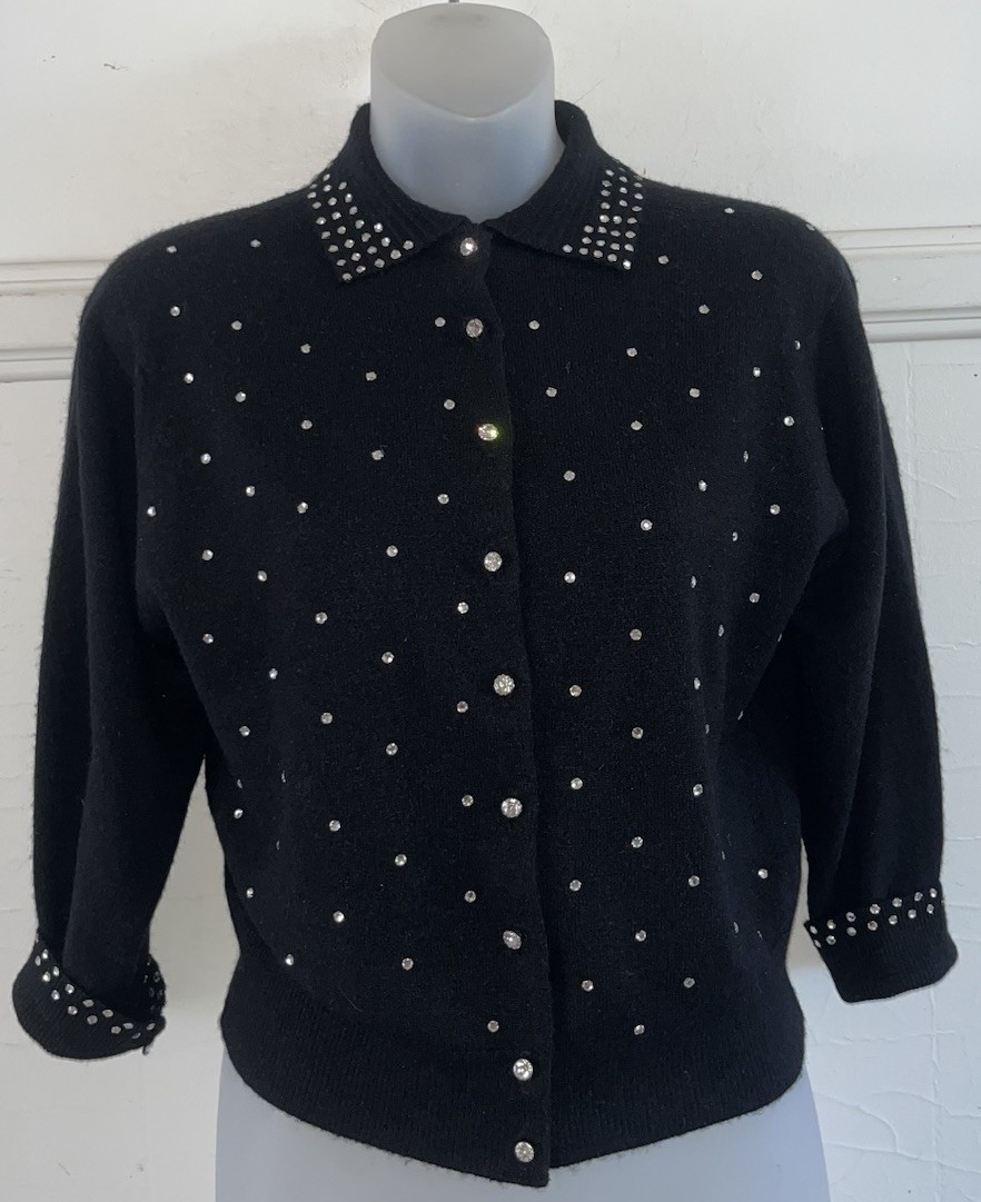 Vintage 1950s Schiaparelli Paris Knit Crystal Rhinestone Cardigan Sweater Sz S/M