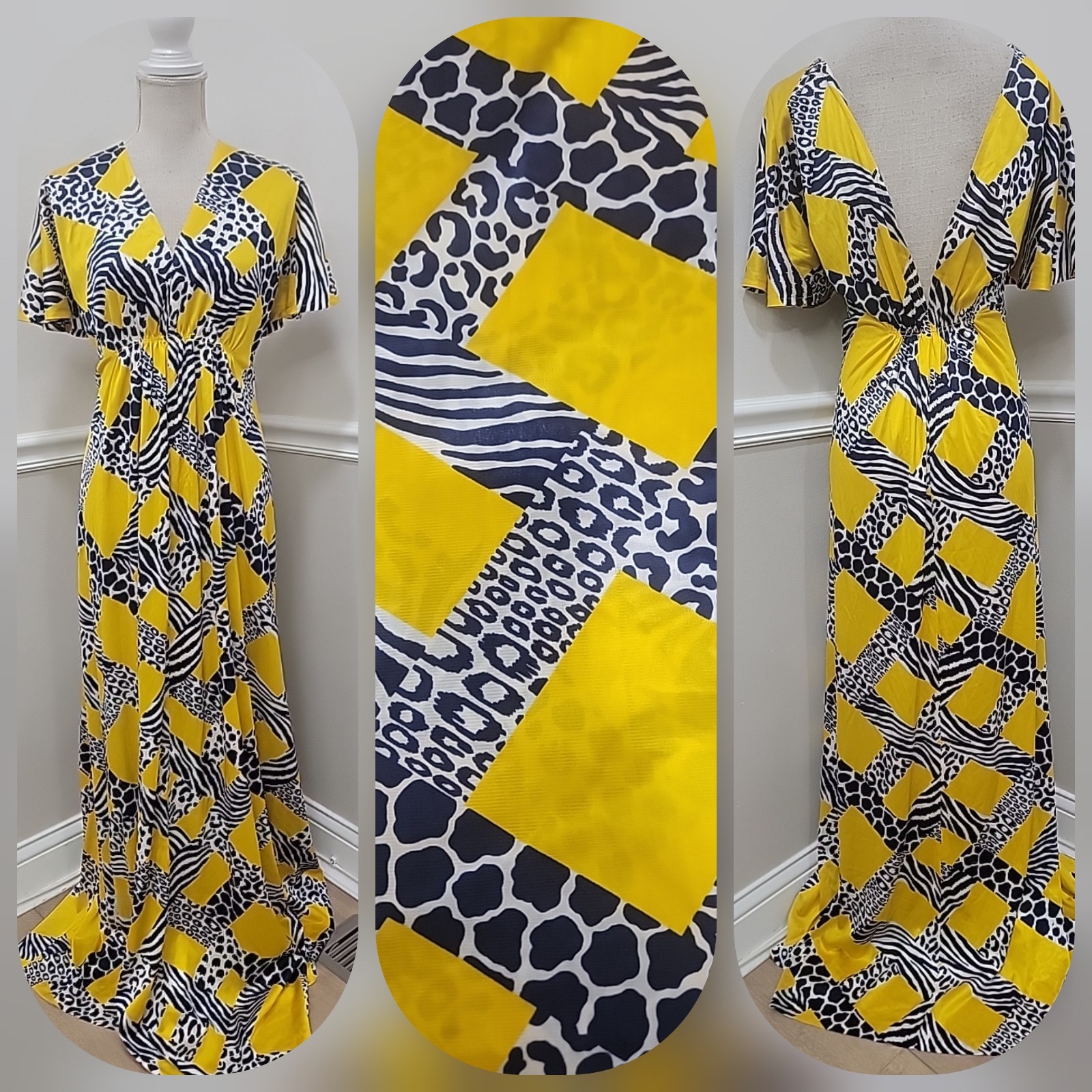 VTG 60s & 70s Long Nylon Animal Print Pool Party Dress /Empire Waist /Opt Art