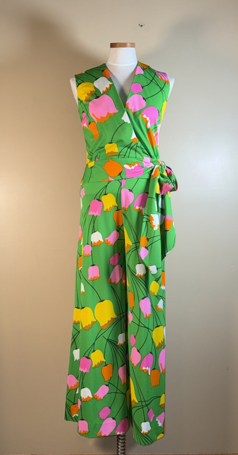 Vintage 60s Mod Tulip Floral Wrap Top Wide Leg Palazzo Pants Set S XS 2/4 W-26″