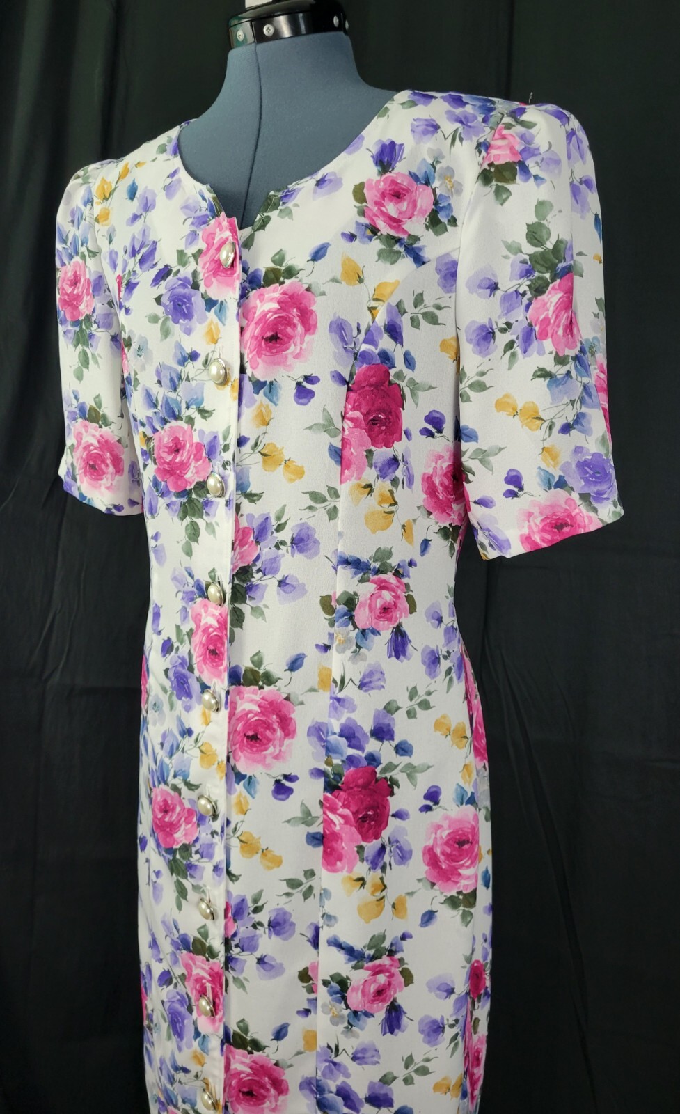Vtg Caroline Wells White Floral Princess Seamed Shift Dress w Buttons Size 14
