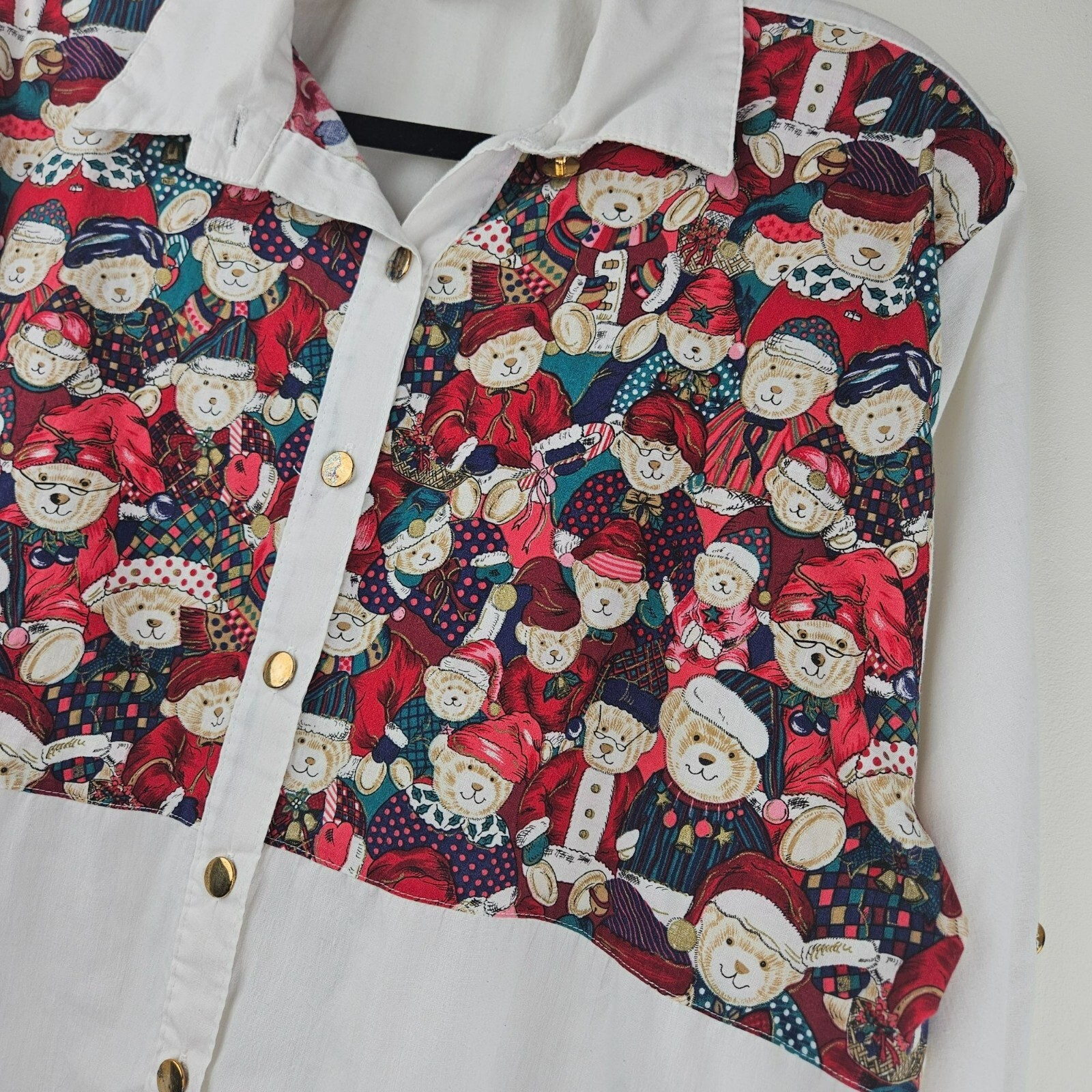 TAPESTRY Vintage 80s Teddy Bear Blouse Womens XL Cotton Poly Blend Button Shirt