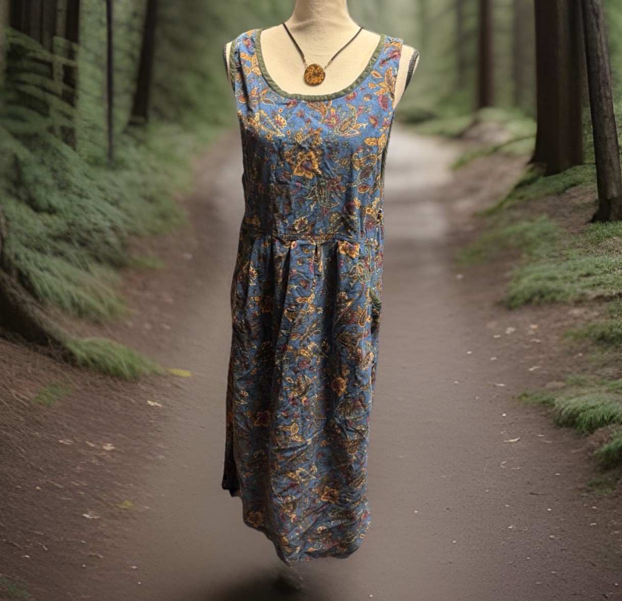 Vintage Erika &Co Blue Corduroy Jumper w Earthtones Gold Paisley Florals Size L