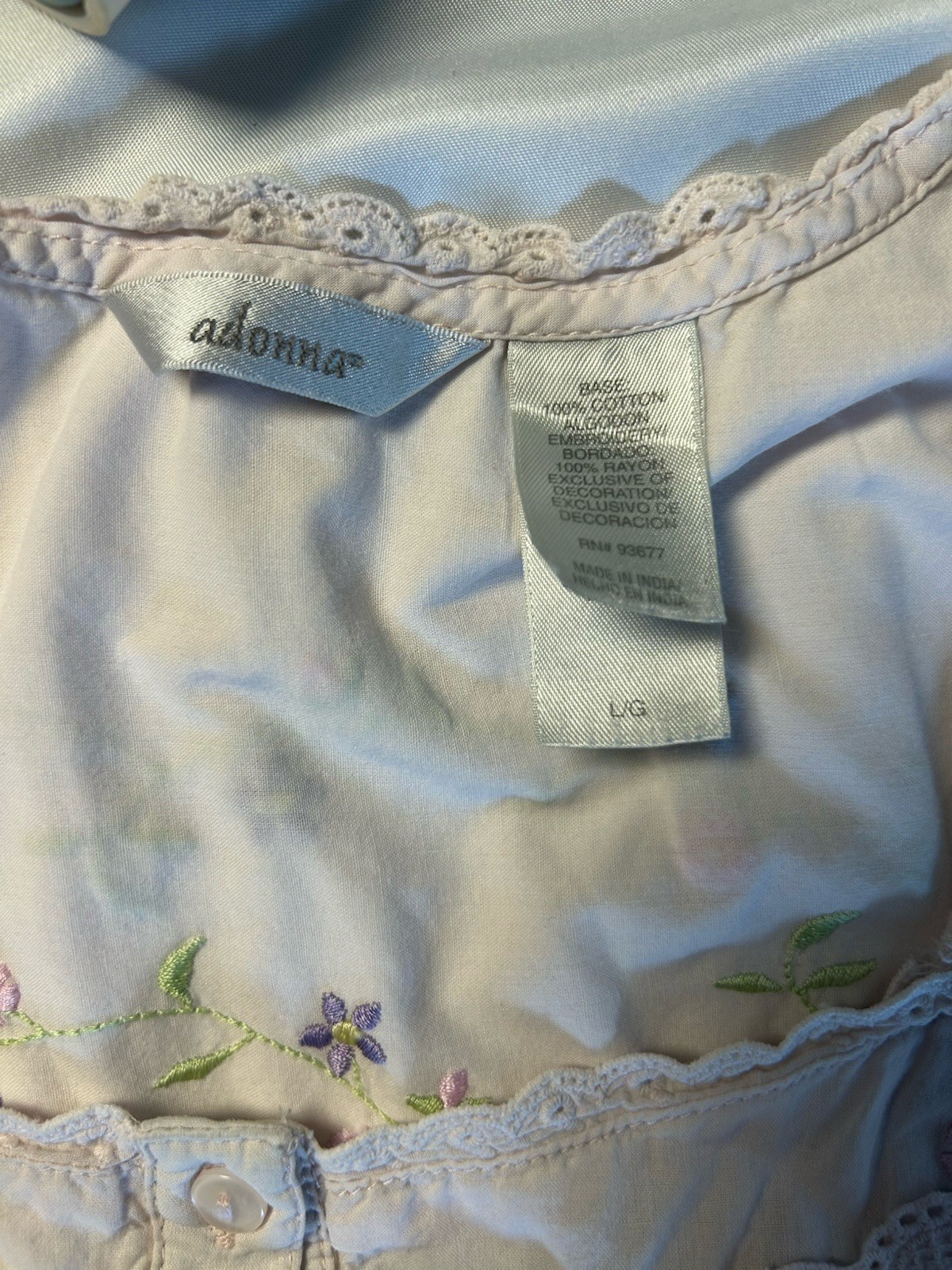 Vintage Adonna LightPink Flowers Ruffle trim Nightgown Size L 100% Cotton Gown