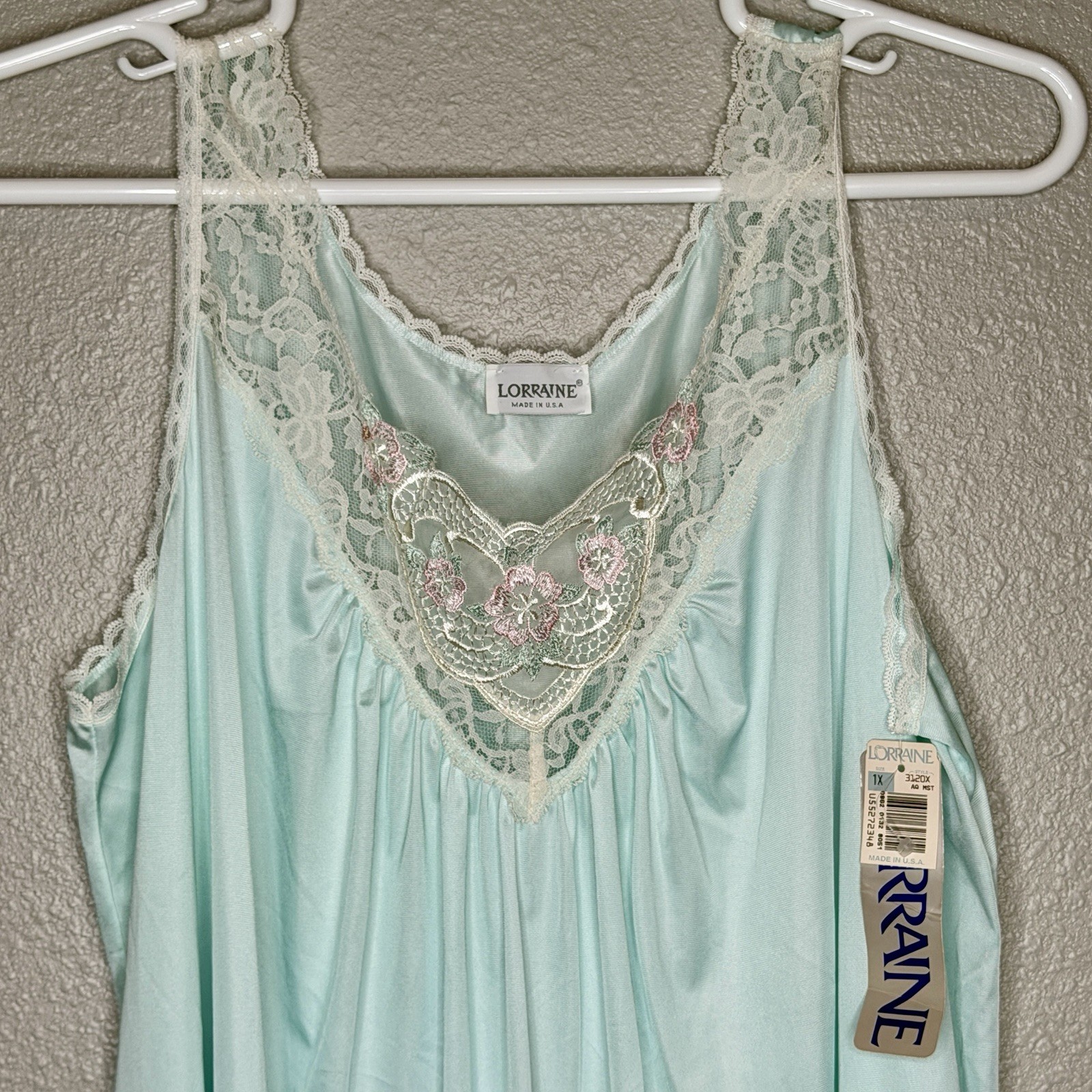 VTG Lorraine Aqua Lace Trim Nightgown Nylon Slip Dress 1X USA Coquette Pastel