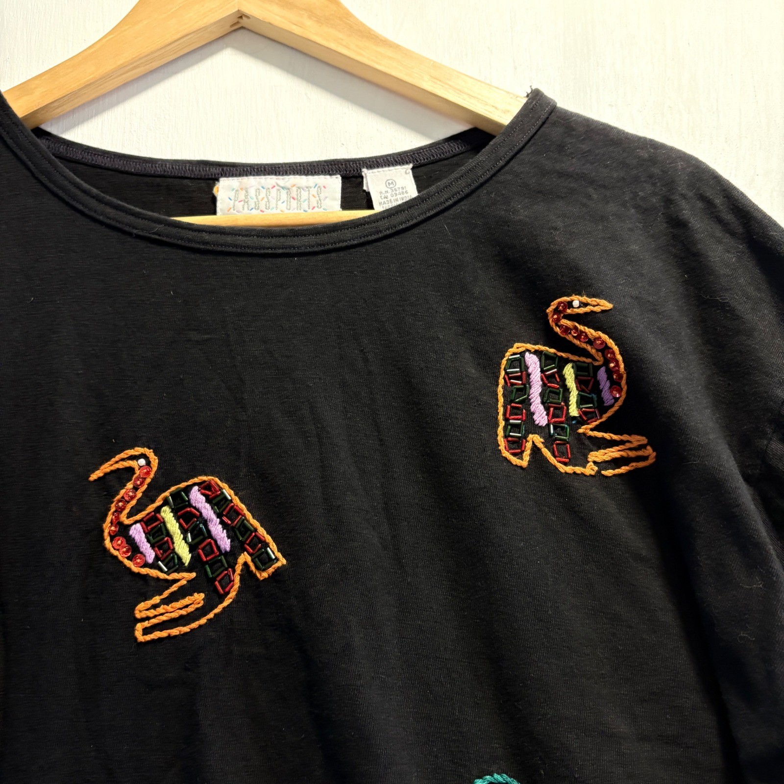 Passports Pier 1 Imports Vintage Black Cotton Embroidered Bird T-Shirt Medium