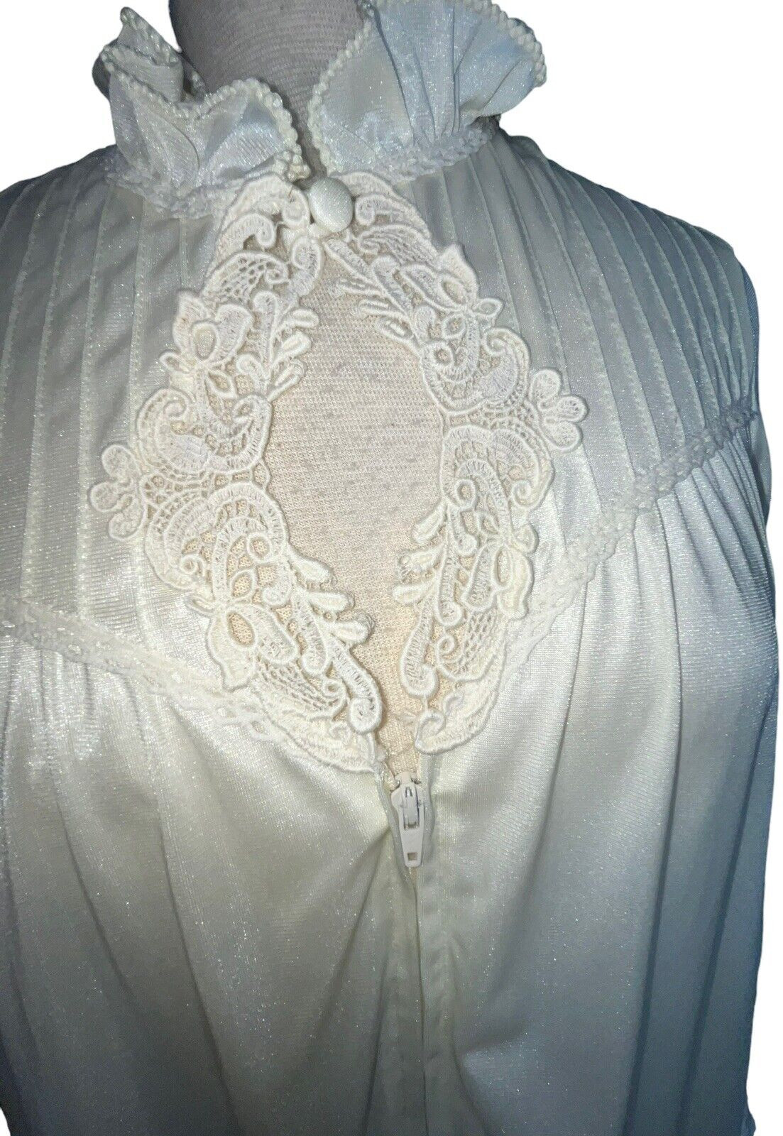 1980s Gossard Artemis Satin Nightgown Robe Full Zip Size M Ivory Sexy Neckline