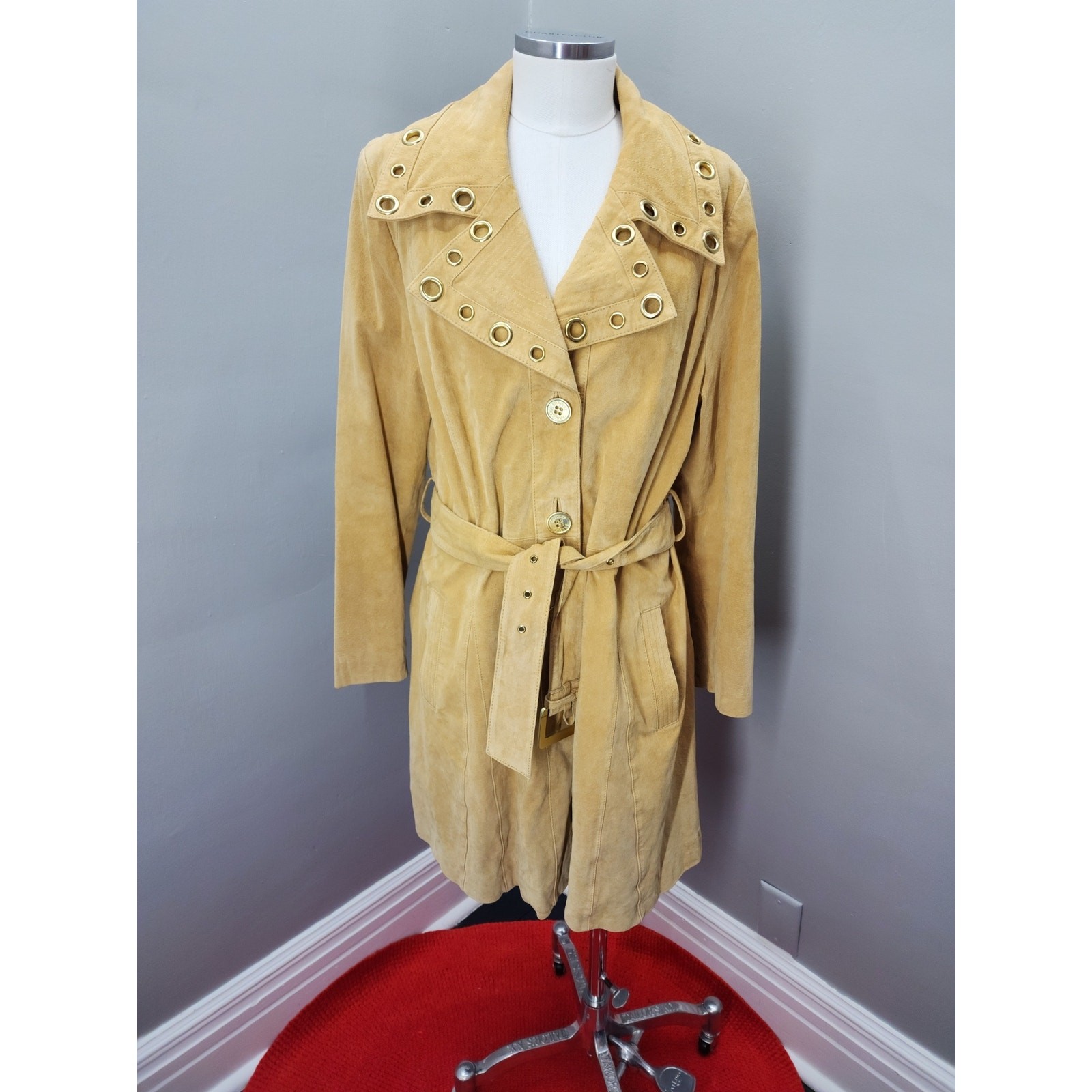 Y2K Vintage Bradley Bayou Butter Yellow Suede Trench Coat, Floral Lining – XL