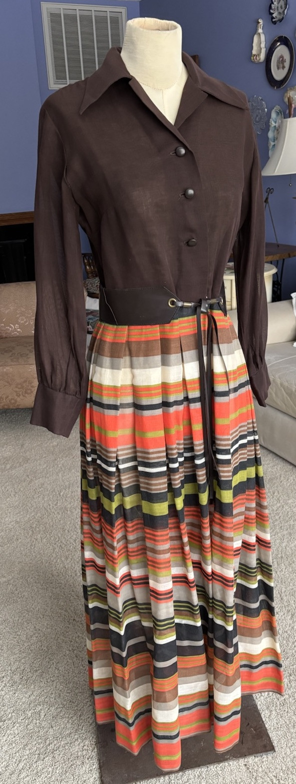VTG 1970s Maxi Dress Retro Mod Stripe Belt Semi Sheer Brown Orange B34″ W28″ M