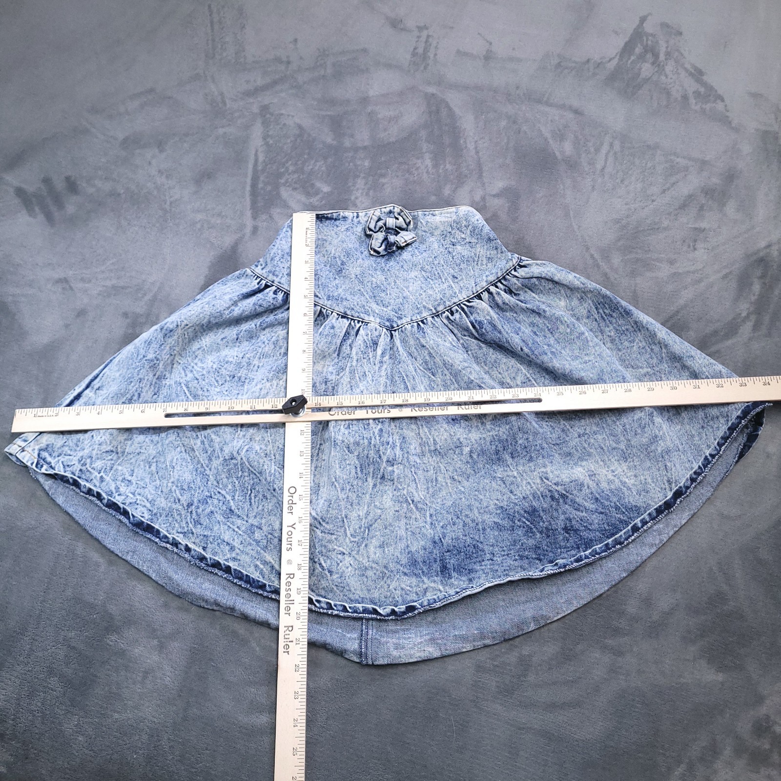 Vtg 80’s Jet Set Acid Washed Denim Flare Mini Skirt Size 14 Bow Elastic Waist
