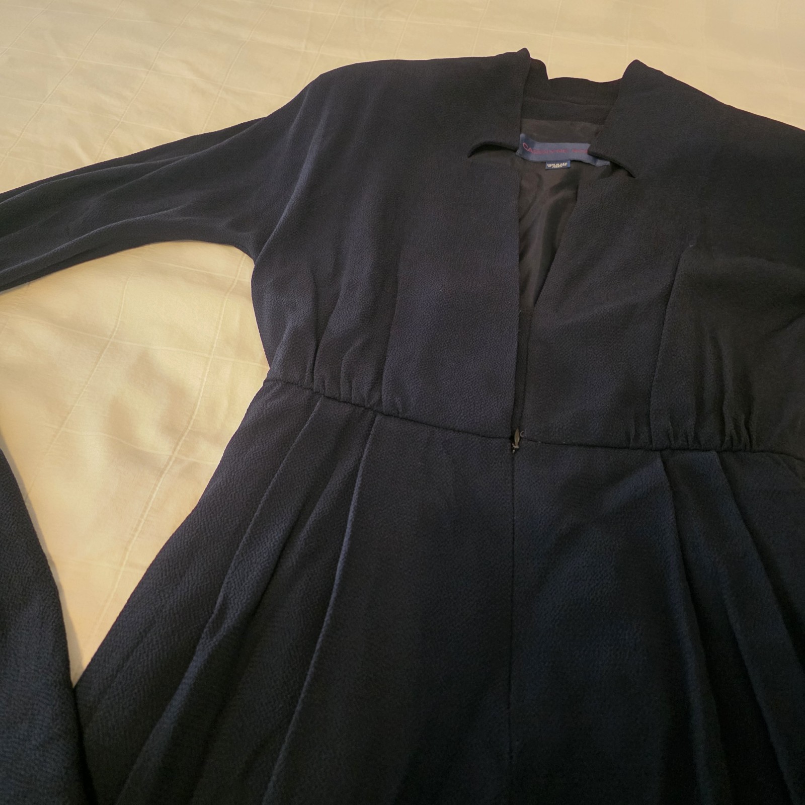 VTG Caroline Roehm Dark Navy Jumpsuit Lined Deep V Wide Leg Long Sleeve 29 Waist