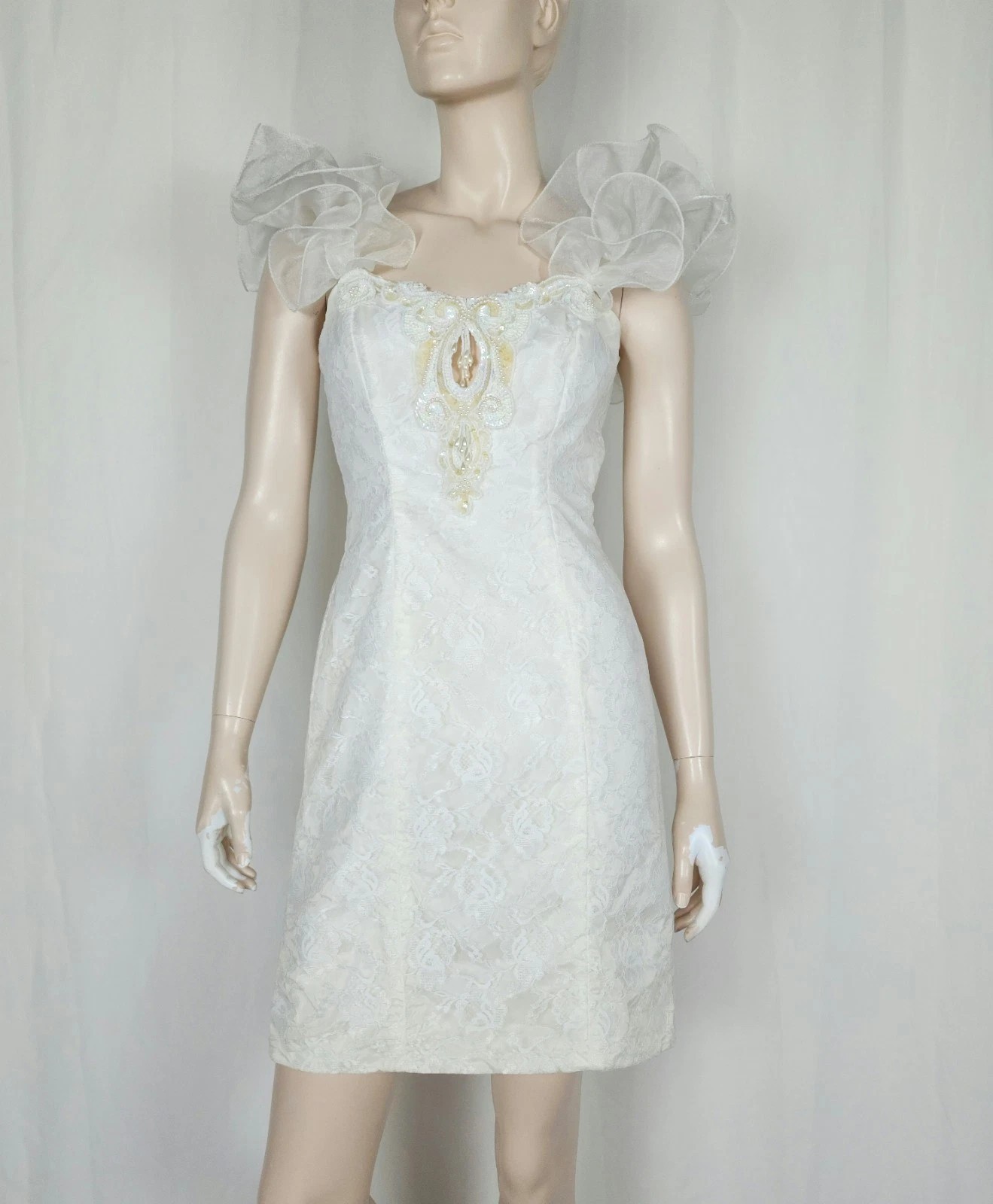 Vtg 80s puff ruffle shoulder lace mini dress S keyhole beaded