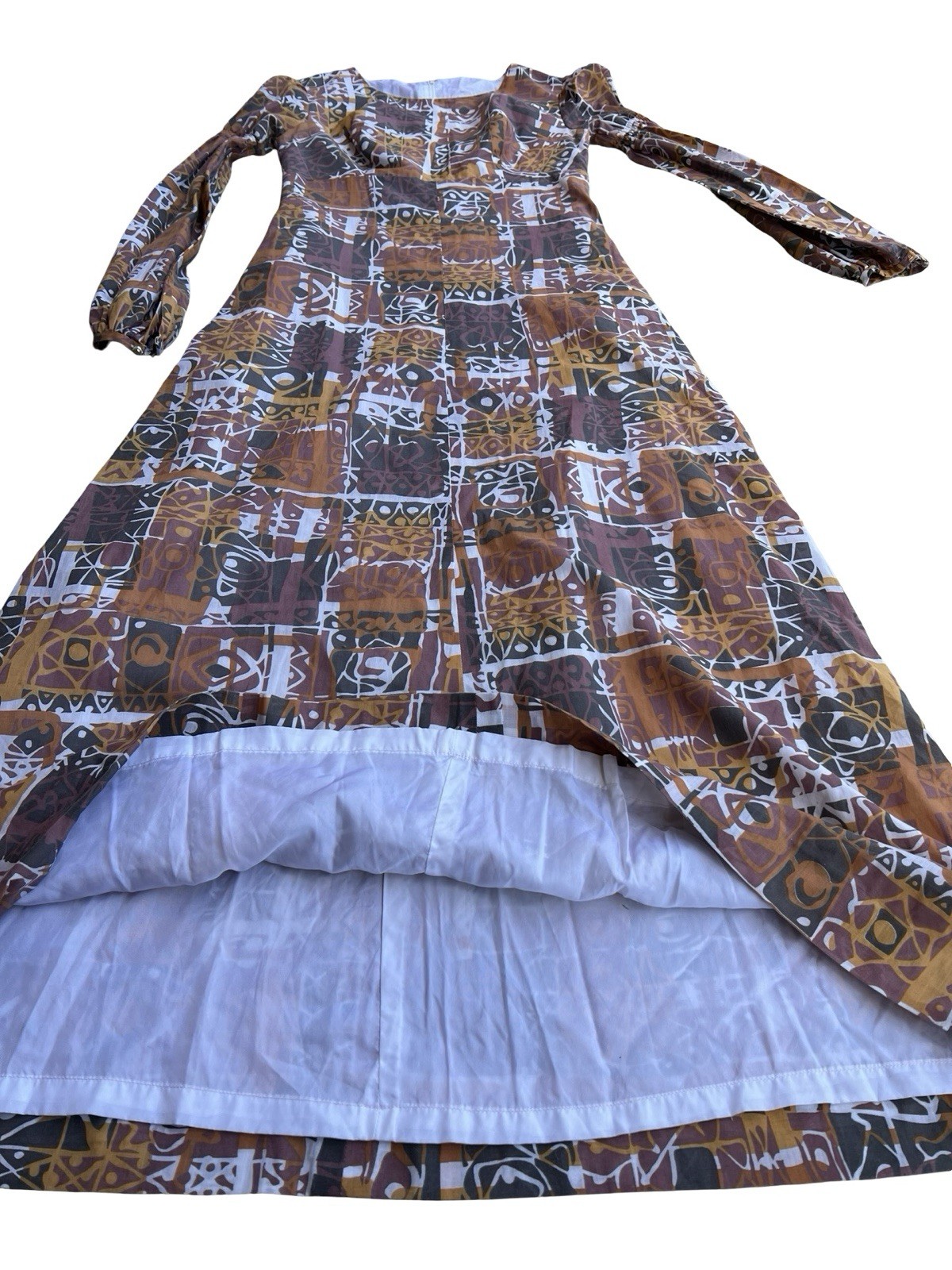 VTG 60-70s Handmade Mod Abstract Tiki Print Empire-Waist Maxi Dress Lined Retro