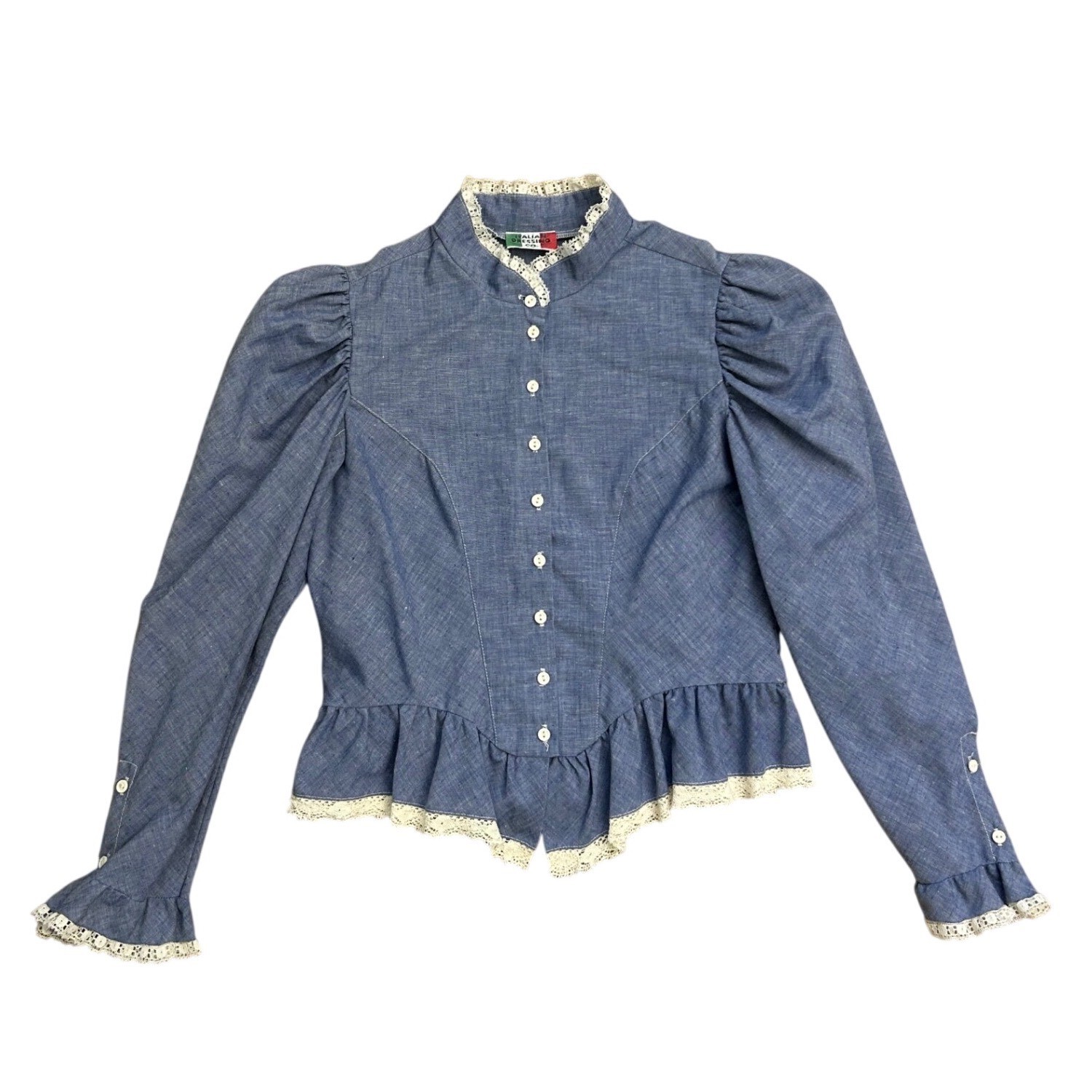 Vtg Blue Chambray Lace Trim victorian Puff Sleeve Peplum Blouse M 70s cottage
