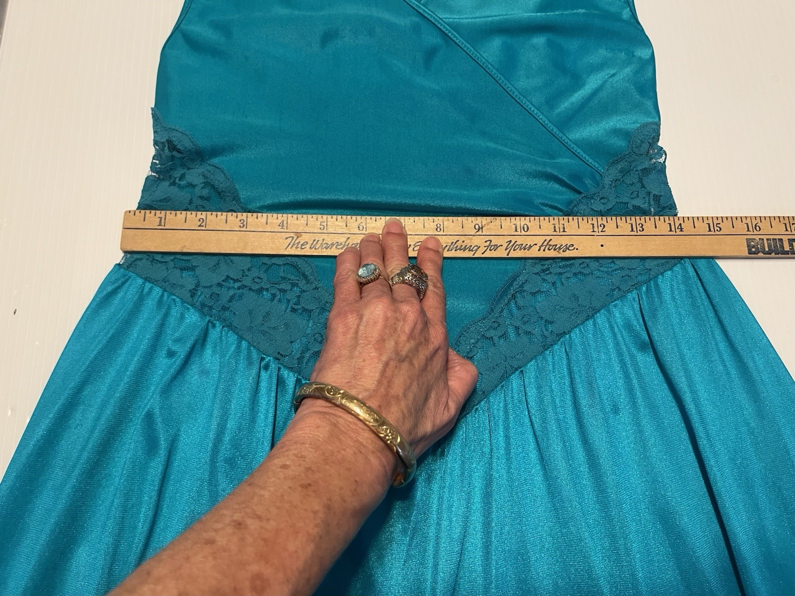 VTG Adonna Teal V Neck Nylon And Lace Silky Night Gown Lingerie Size Medium