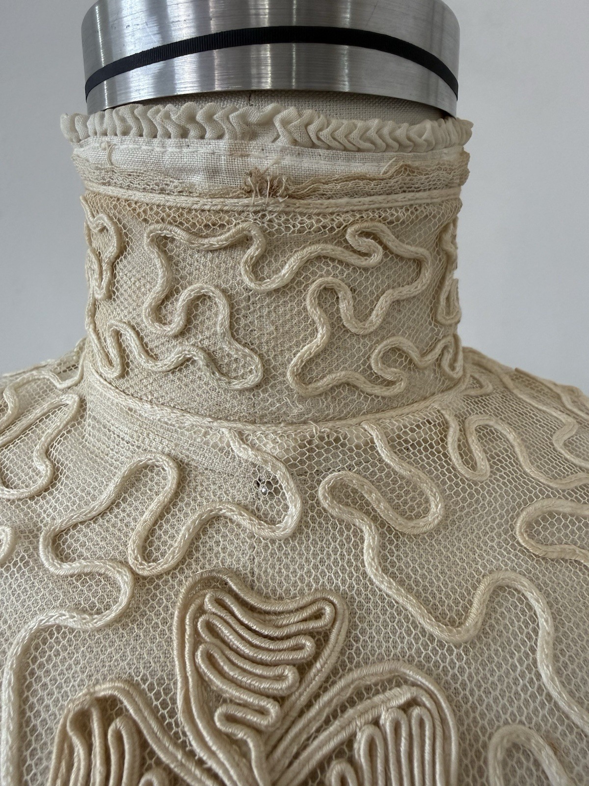 Antique Sheer Net Lace Blouse Top Cord Soutache Embroidery Art Nouveau Bridal XS