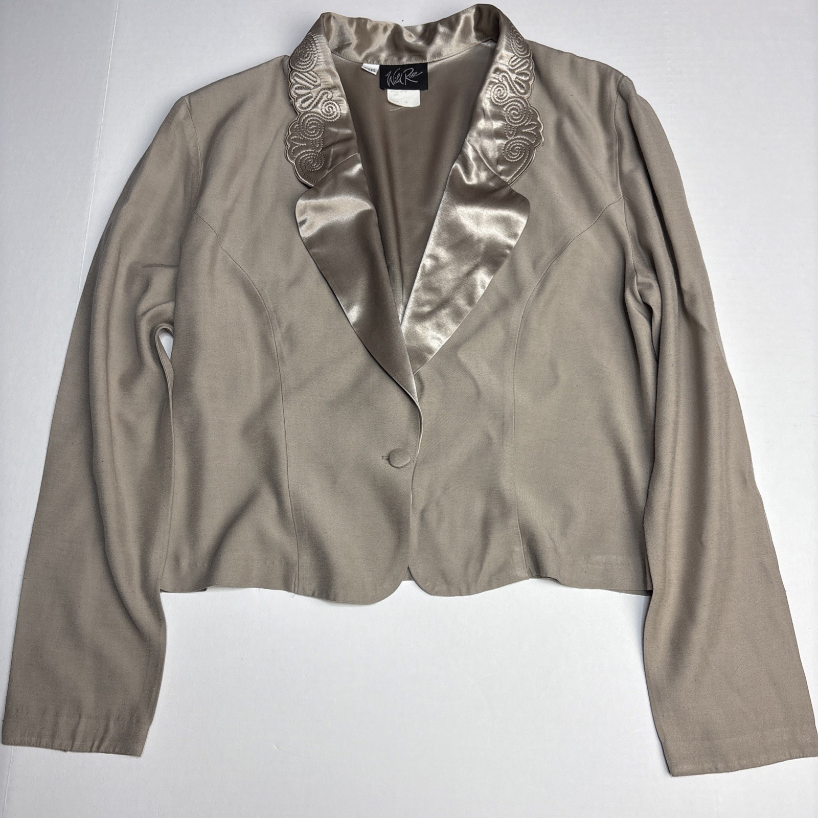Vintage Wild Rose Women’s Size 14 Blazer Jacket Beige Satin Embroidered Cropped