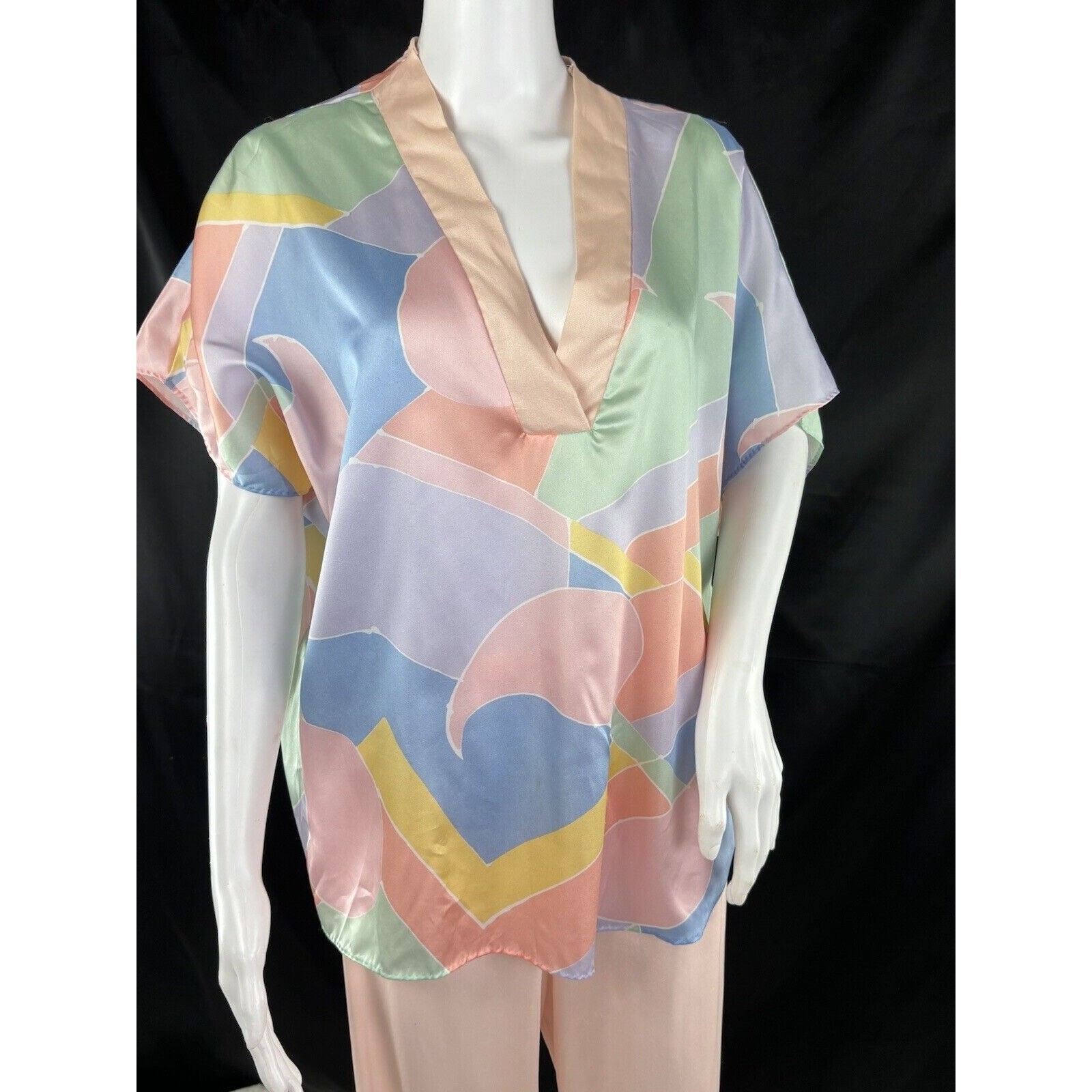 Yolande Mod Robe Satin Blouse Floral Shirt Pink Pants Vintage 80’s 3pc Lingerie