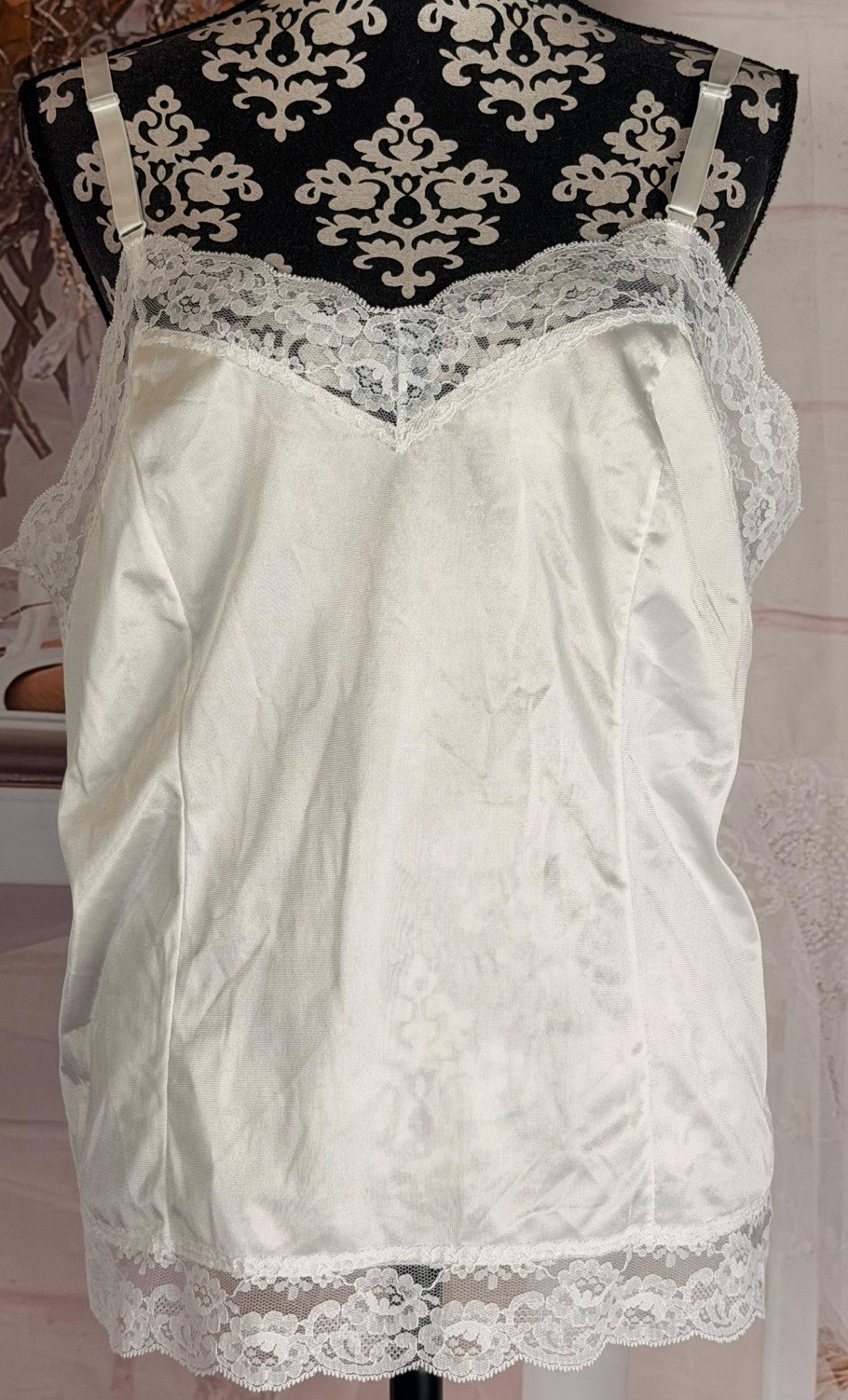 VTG 90’s Sliperfection Women’s White Satin Lace USA Made Spaghetti Strap Cami 2X