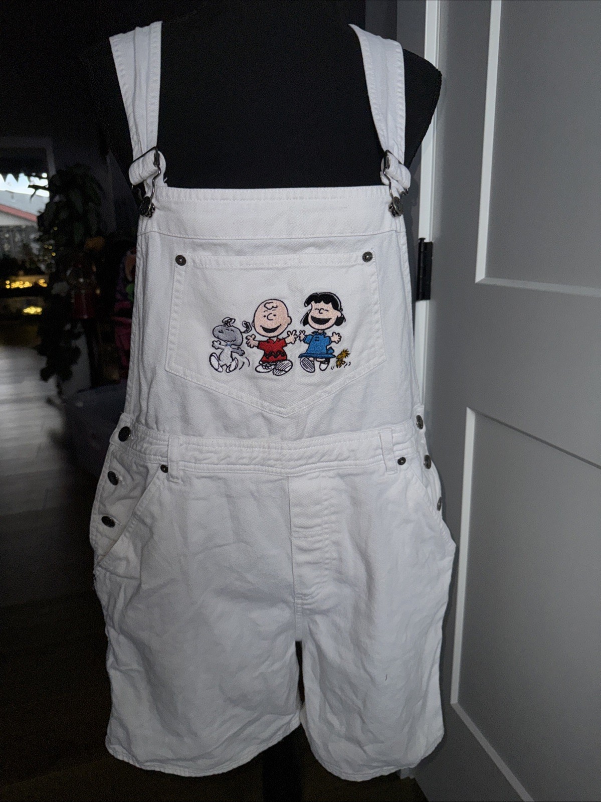 Vintage Peanuts Joe Cool Women L Shortalls White Lucy Charlie Brown Denim Snoopy