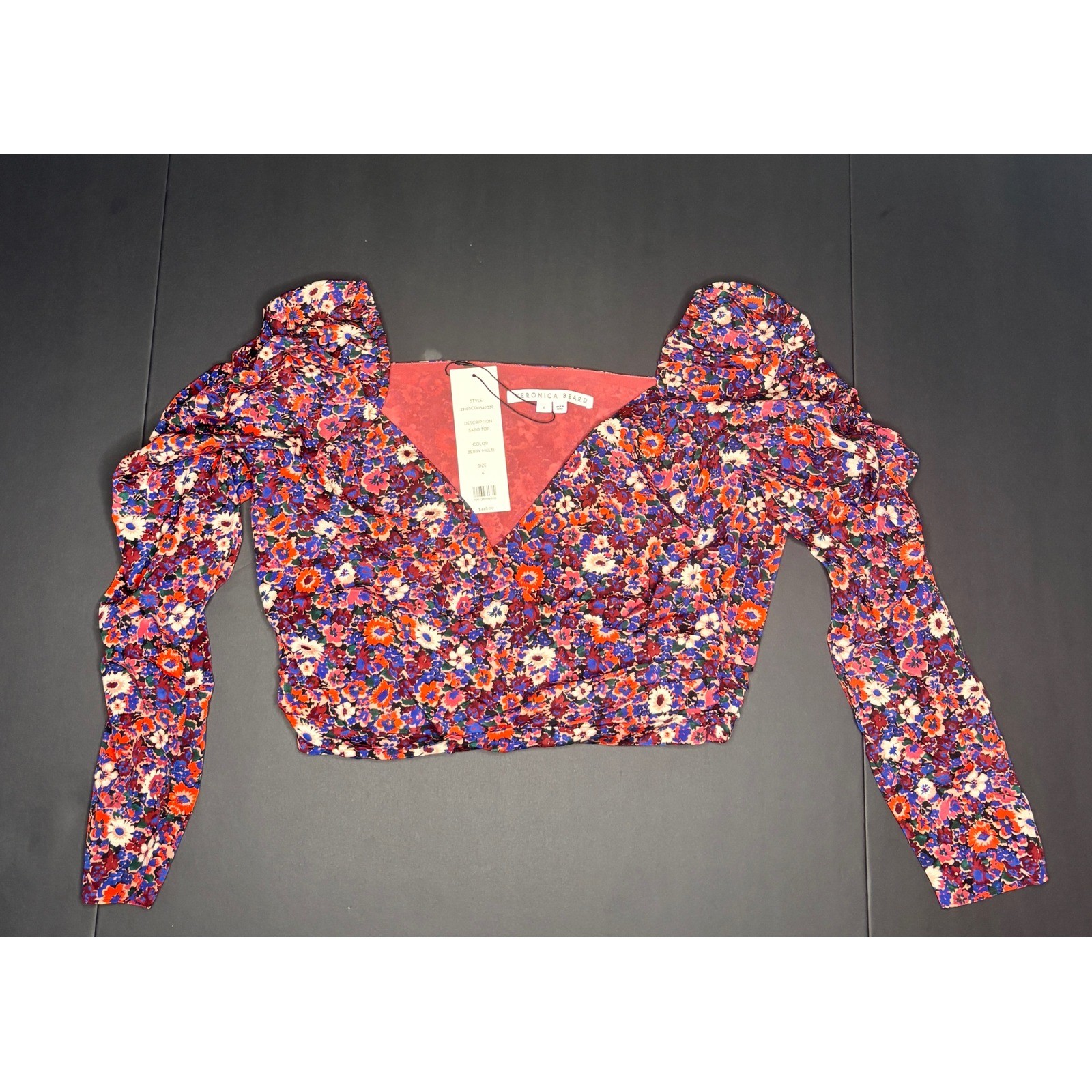 Veronica Beard Sabo Top Berry Multi Floral Wrap Cropped Top – Purple Floral NWT