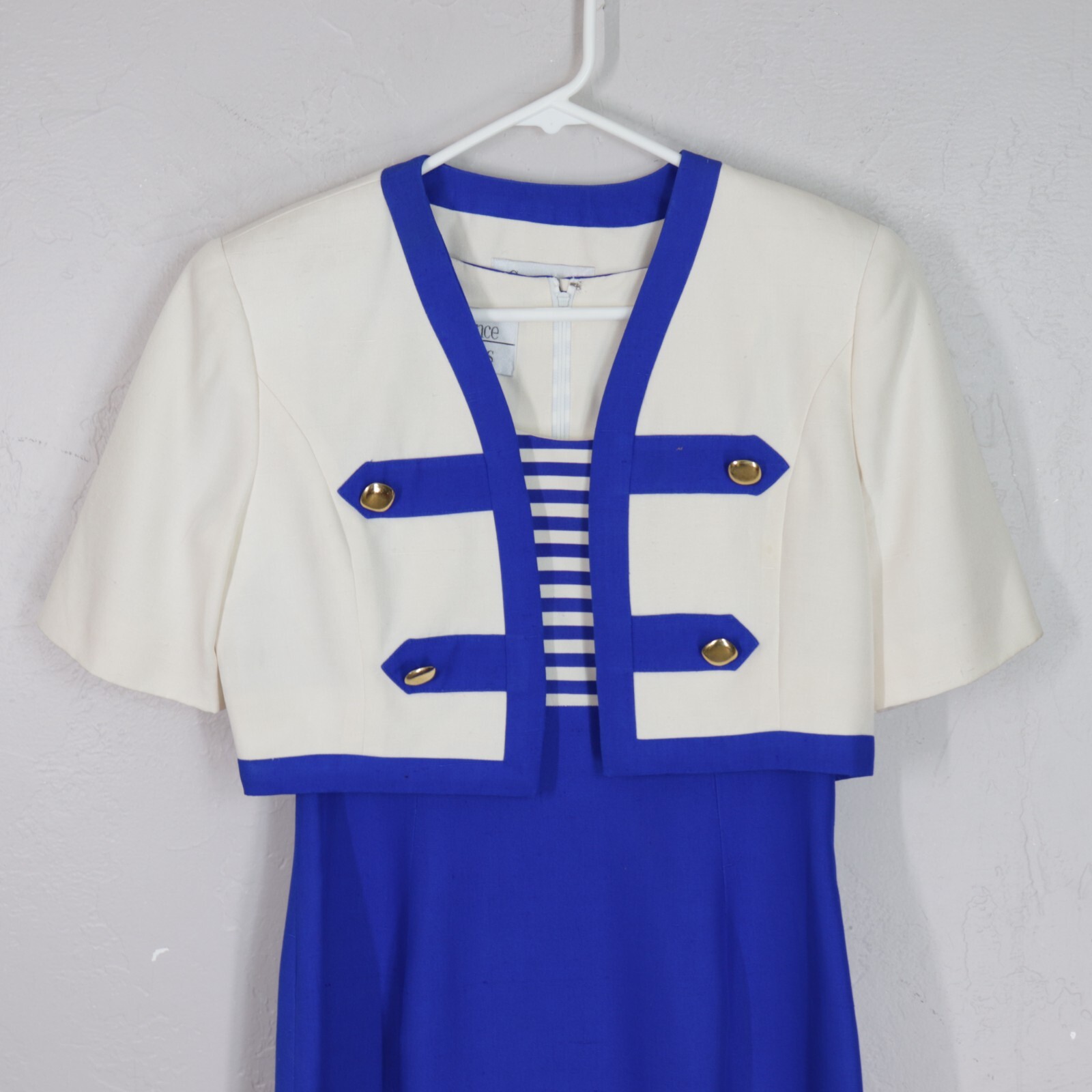 Vtg 80s Constance Saunders Dress 10 Blue White Silk Bolero Jacket Sheath Lined