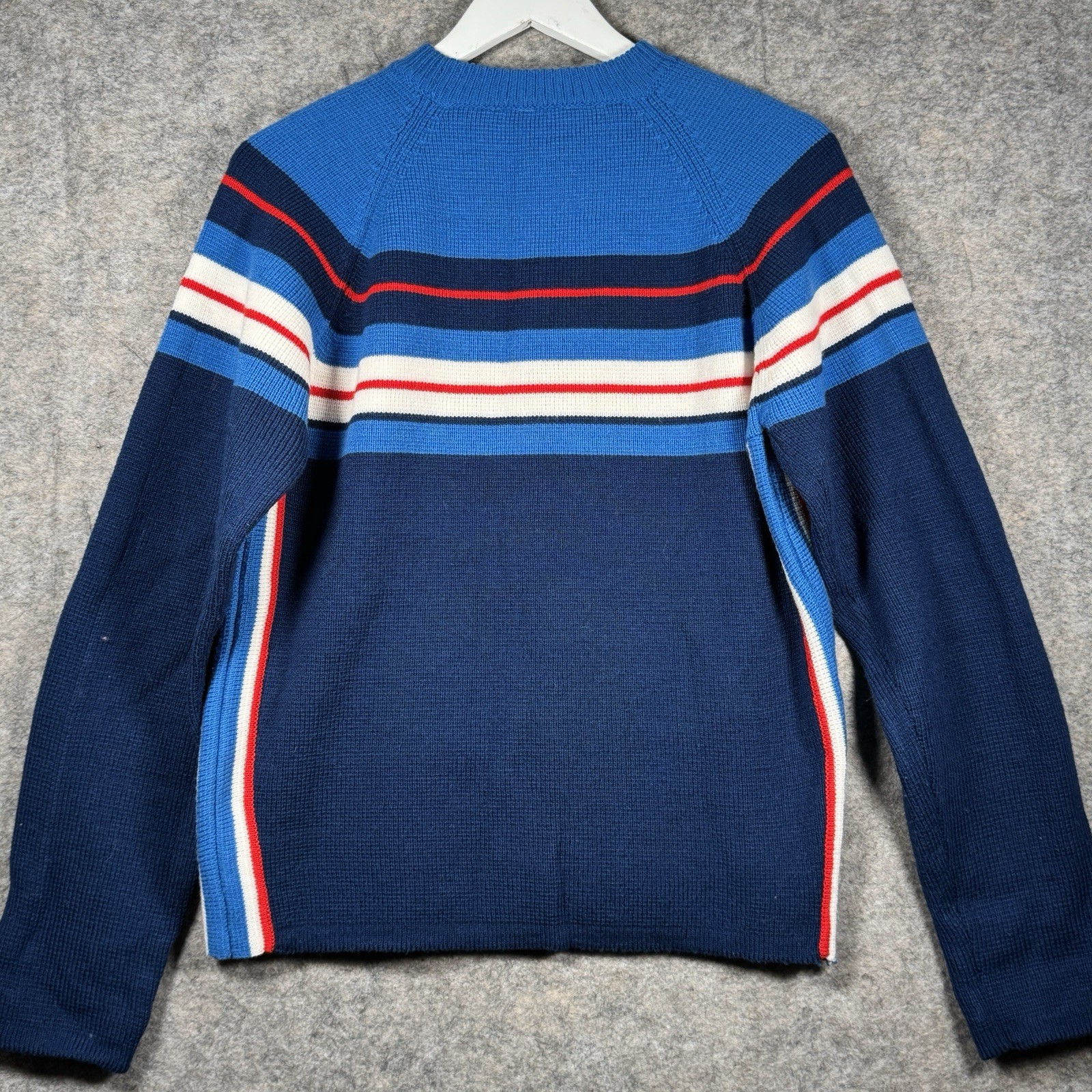 Vintage Womens Antler Brand Blue Red White Striped Knit Sweater Size L 19×25