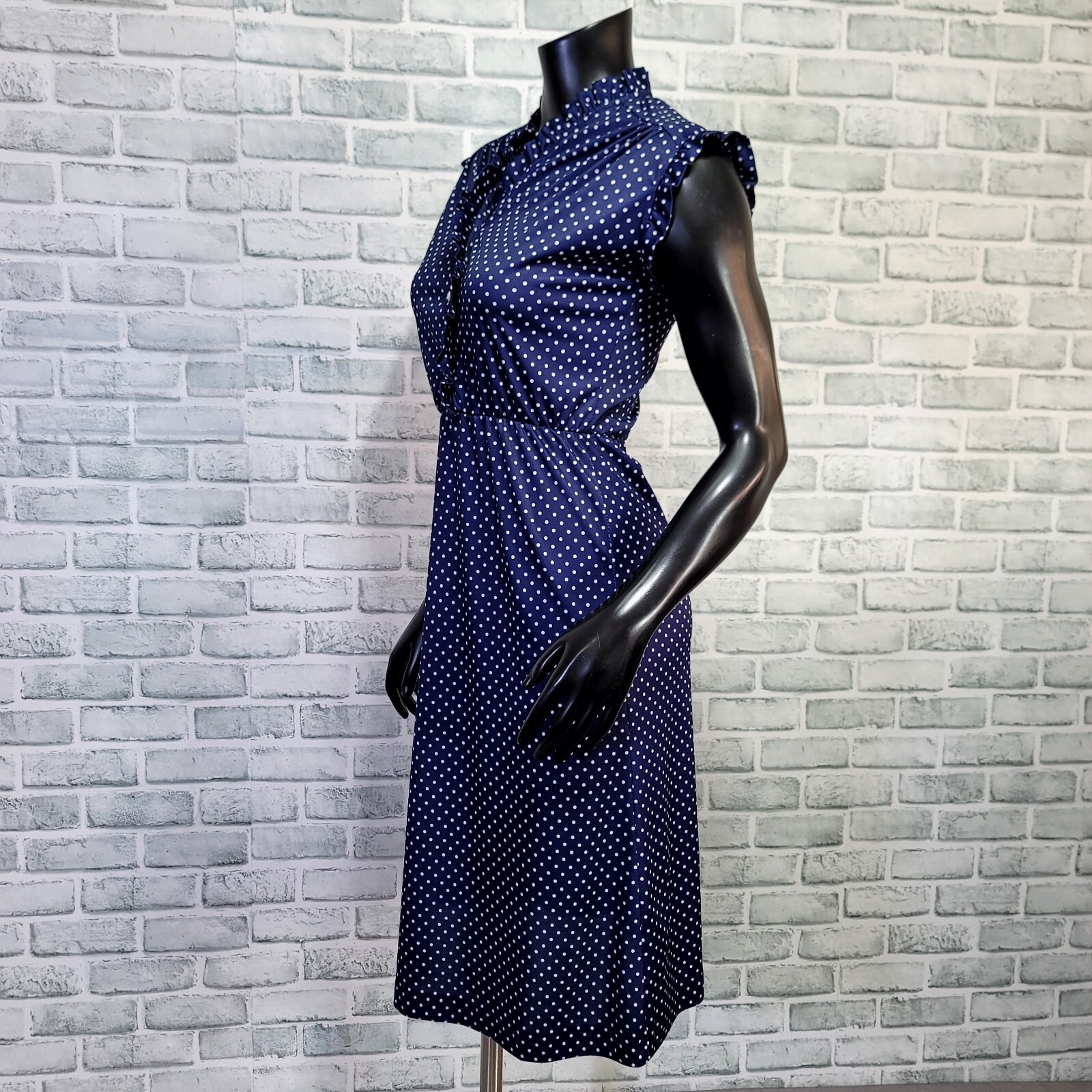 Vintage 70s Avon Fashion S Navy White Polka Dot Ruffle Sleeveless Sheath Dress