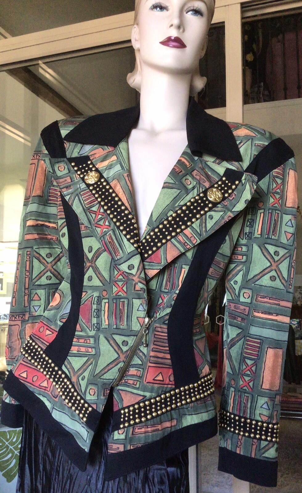 Vtg 80s Green Geometric Print Asymmetric Wasp Waist Gold Stud Peplum Jacket 10
