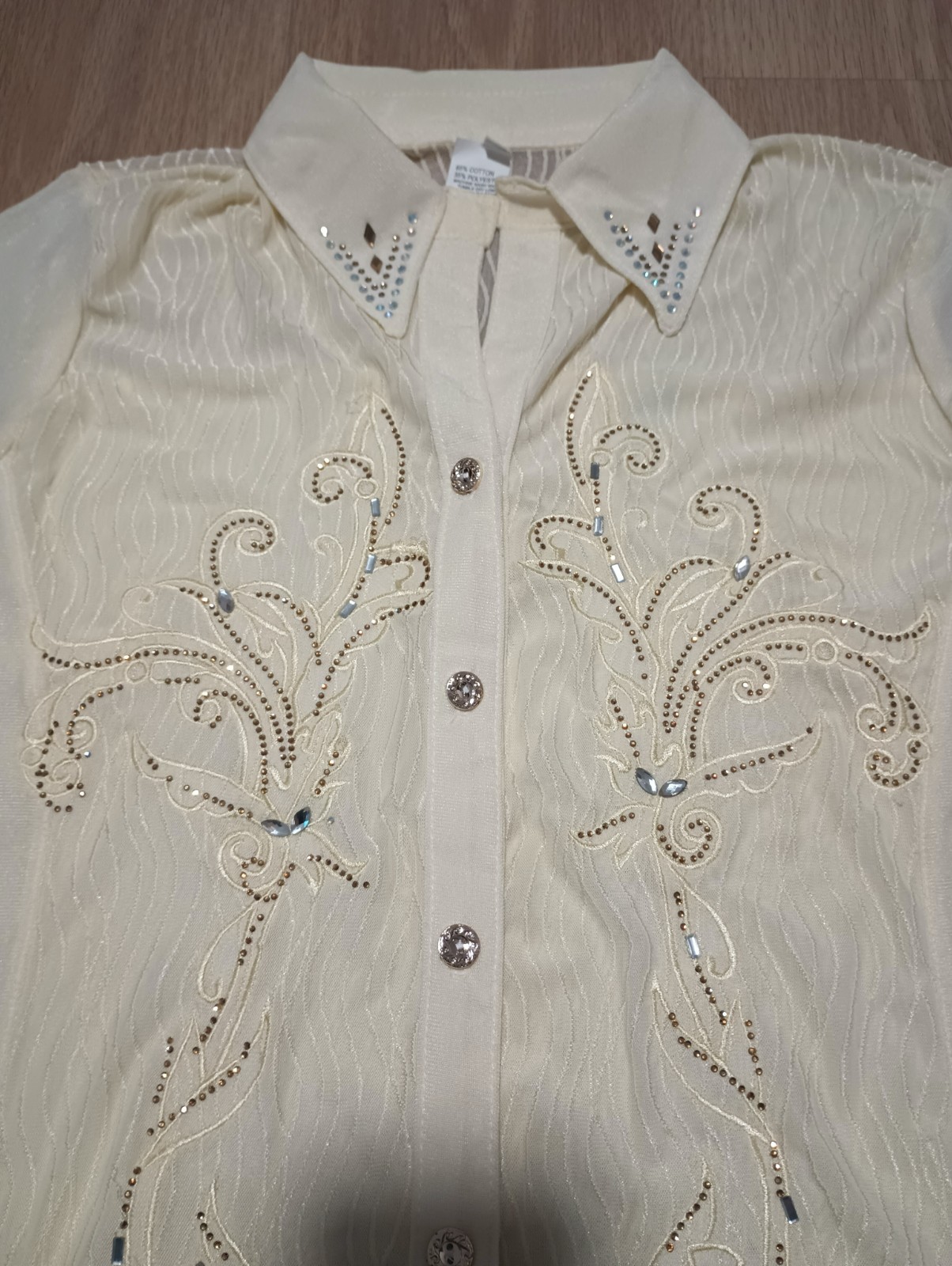 Vtg 70s Stretchy Mesh Sparkly Beaded Lemon Yellow Western Dance Country Top M