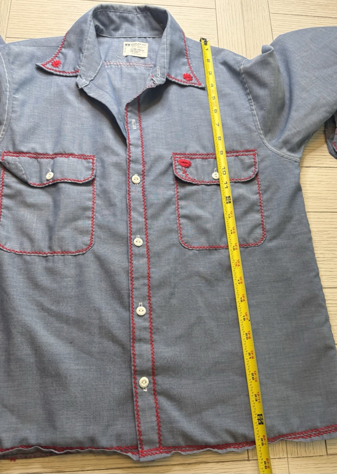 Vtg 60s Penney’s Big Mac Chambray Red Chain Stitched Flower Embroidered Shirt M