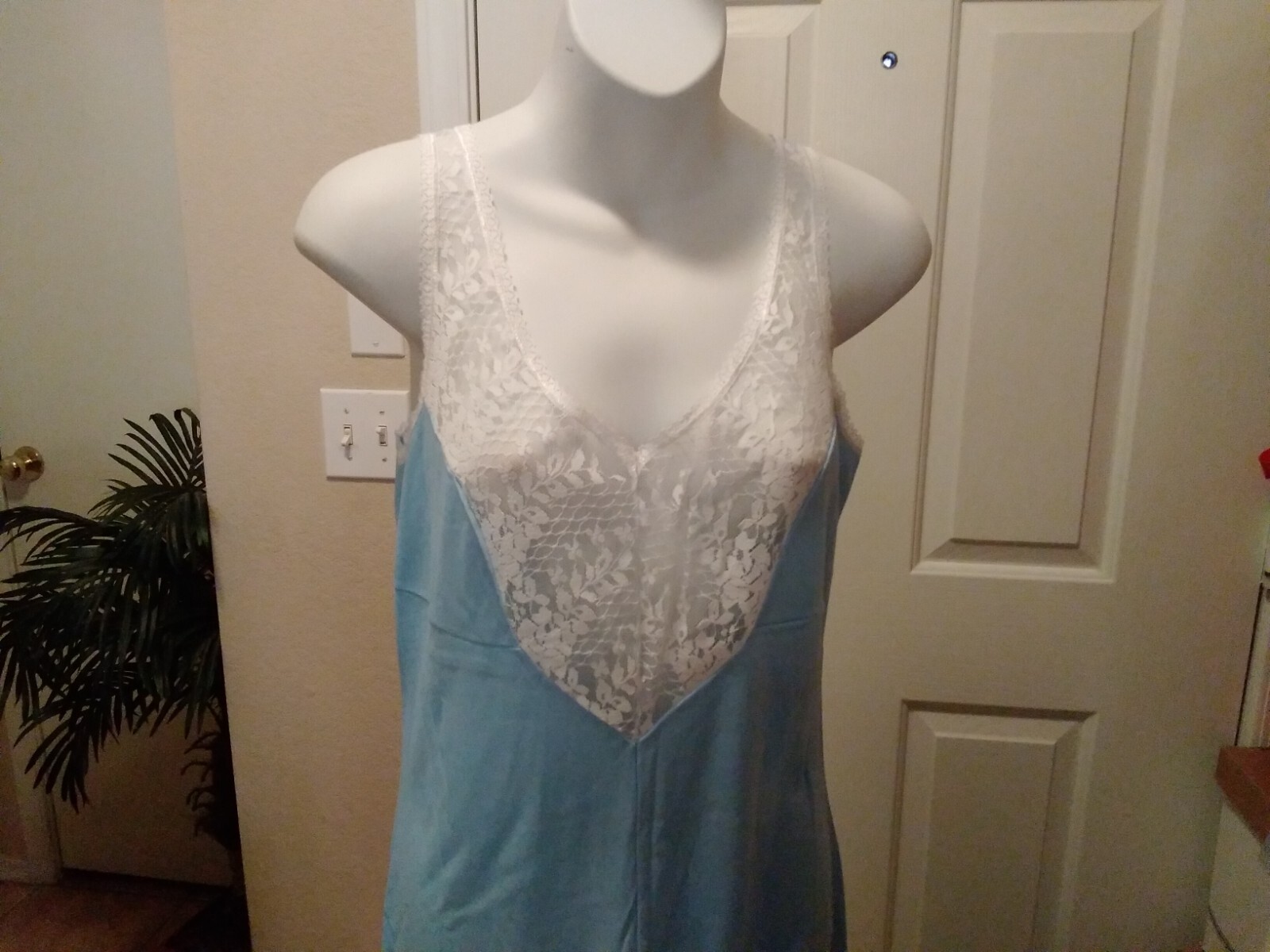 Womans Vintage Full Slip Dress Chemise European M-L Blue Lace Bodice