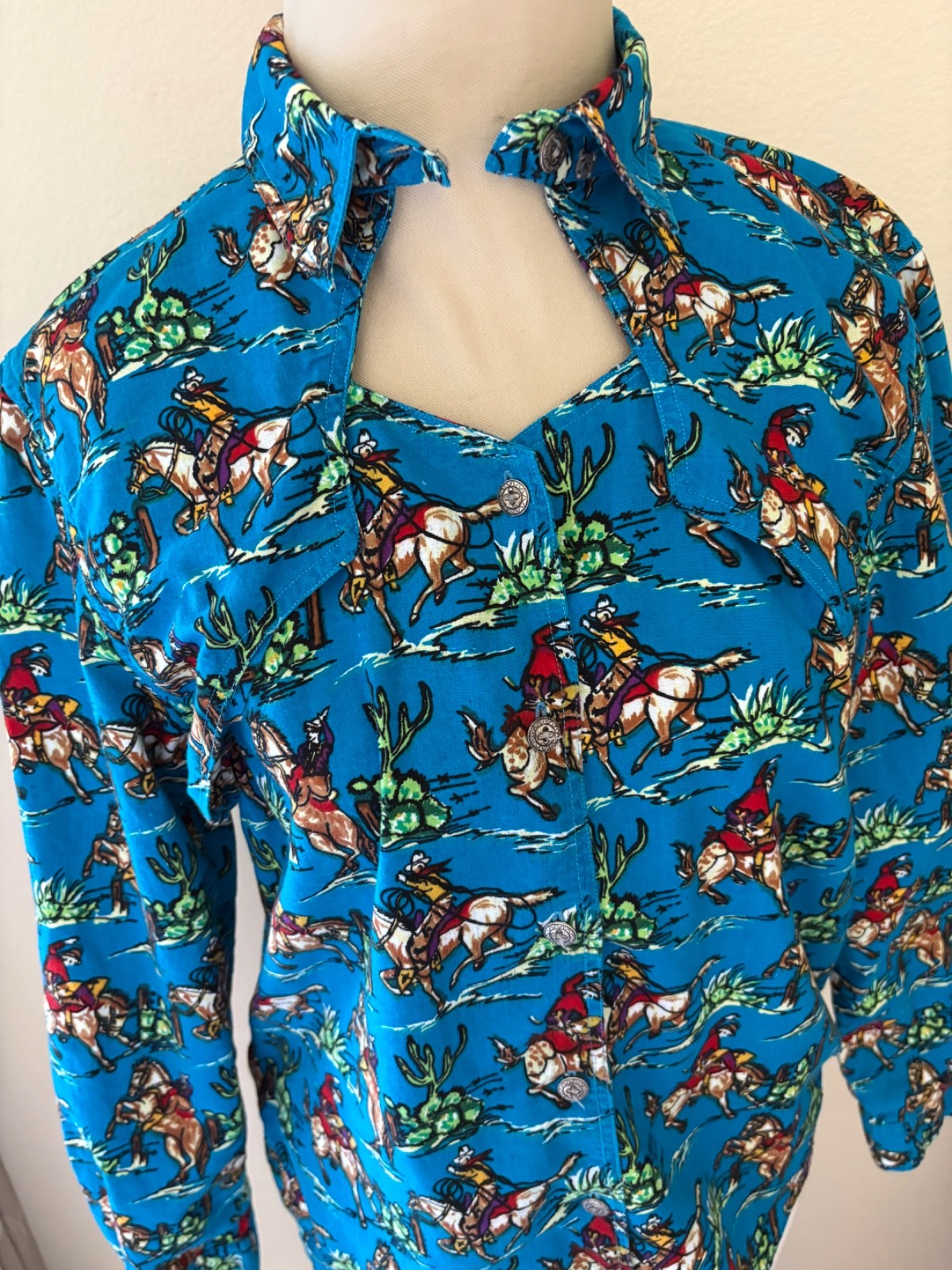 Vintage 90s Womens Western Wear Button down Blouse S Blue Rodeo Country Cowgirl