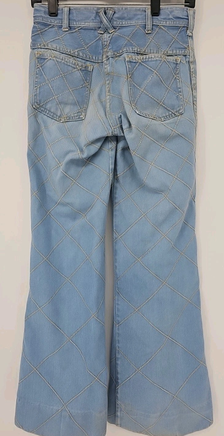 Vintage Brittania Jeans Womens 32L Patchwork Bell Bottom Flare Window Pane 70s