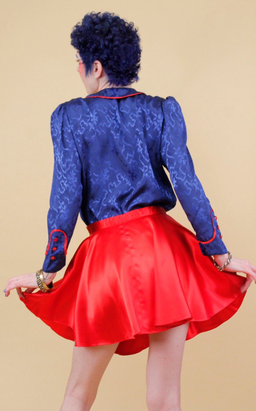 80s Vtg Blue Satin Sailor Moon Style Collar Blouse Shirt Button Up Nautical B34″