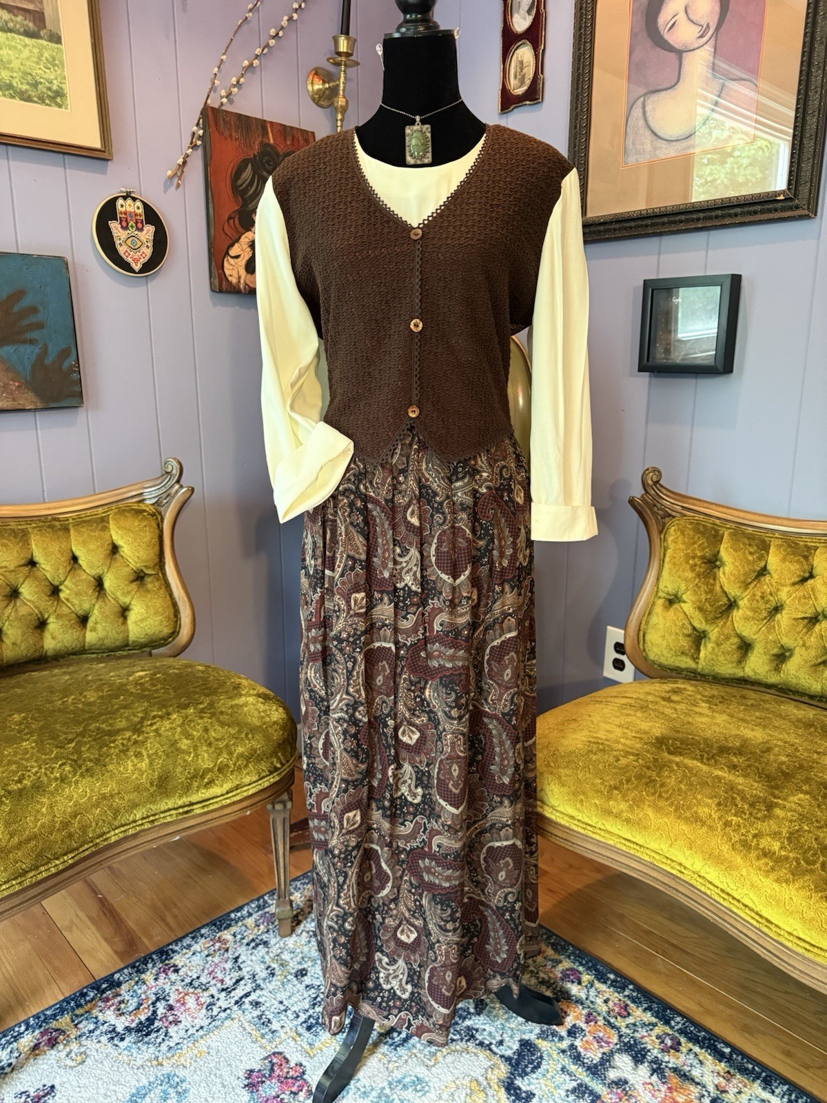 Vintage 90s Allison Che Cottagecore Grunge Dark Academia Paisley Vest Dress