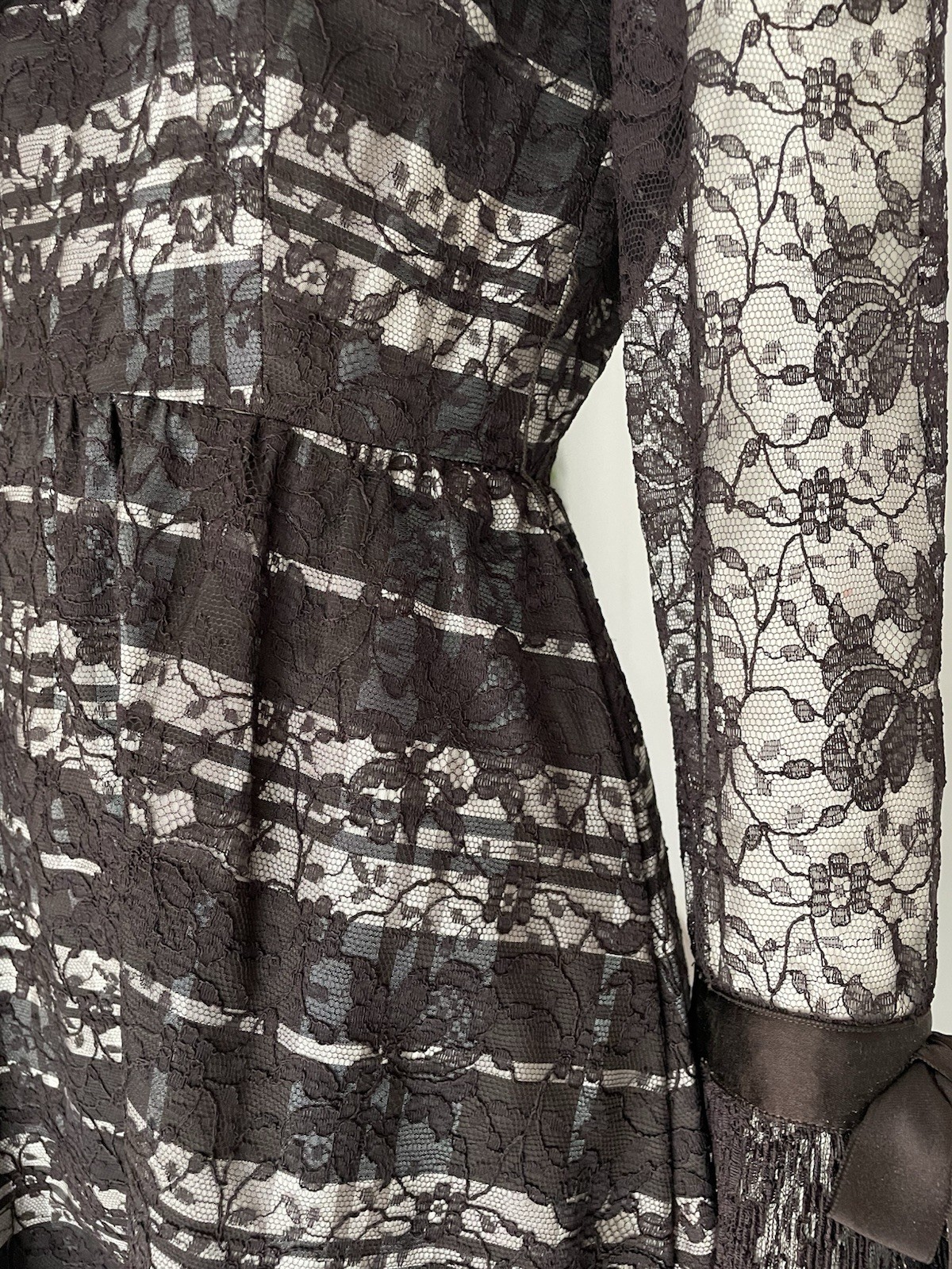 Geoffrey Beene Fall 1972 Vintage Brown Purple Lace Taffeta Maxi Gown Ruffle