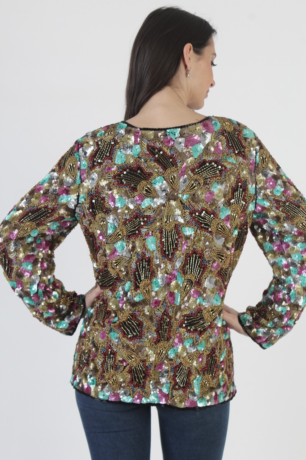 Vintage 80s Beaded Sequin Blazer Colorful Encrusted Sparkle Cropped Jacket