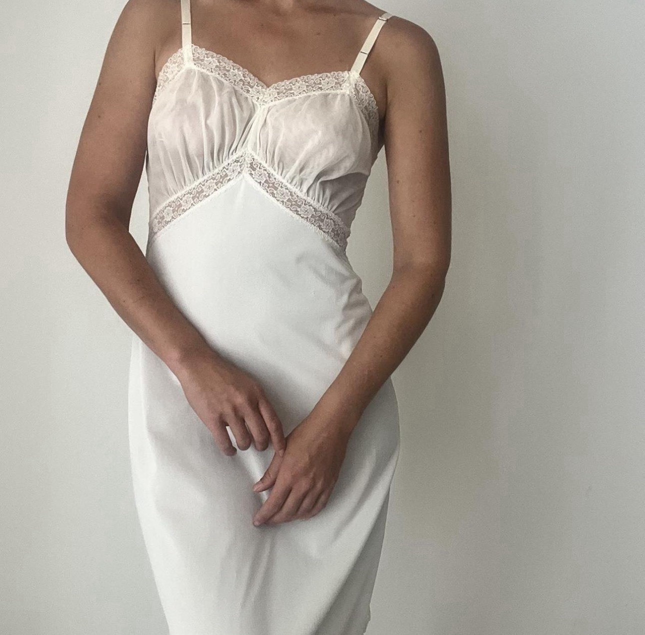 VTG Ivory Lace Mesh Slip Dress Nylon Tricot 38 Bust USA True Vintage 70’s