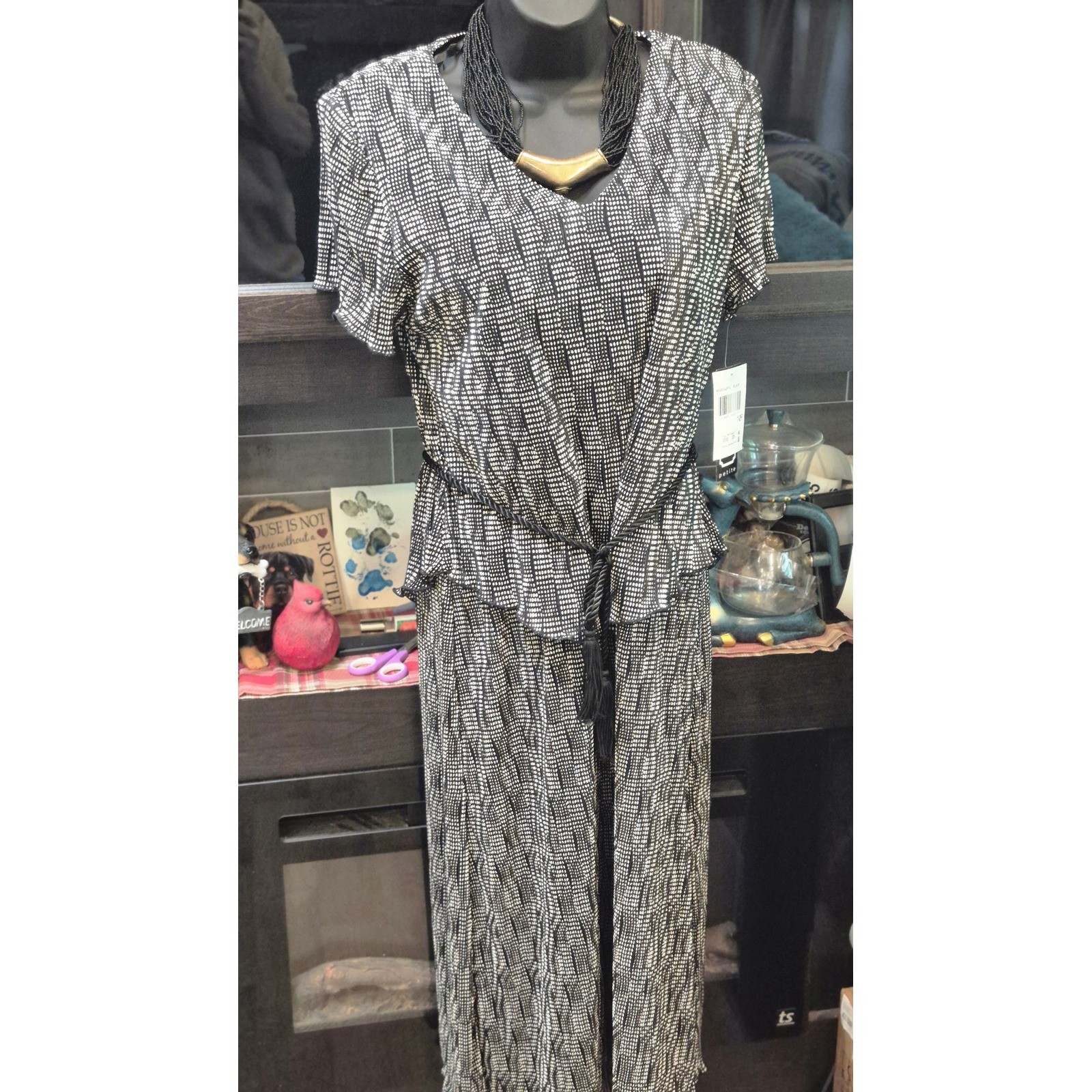 Studio Connection Vintage 80s Peplum Midi Dress Black White Dot Tassel boho 10P