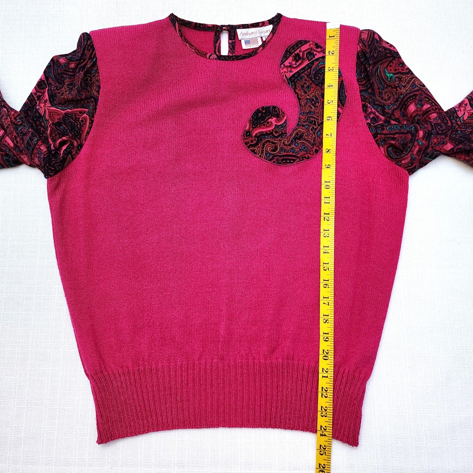 Vintage 80s Pink Paisley Two Piece Sweater Skirt Set Anthony Sicari Size 12