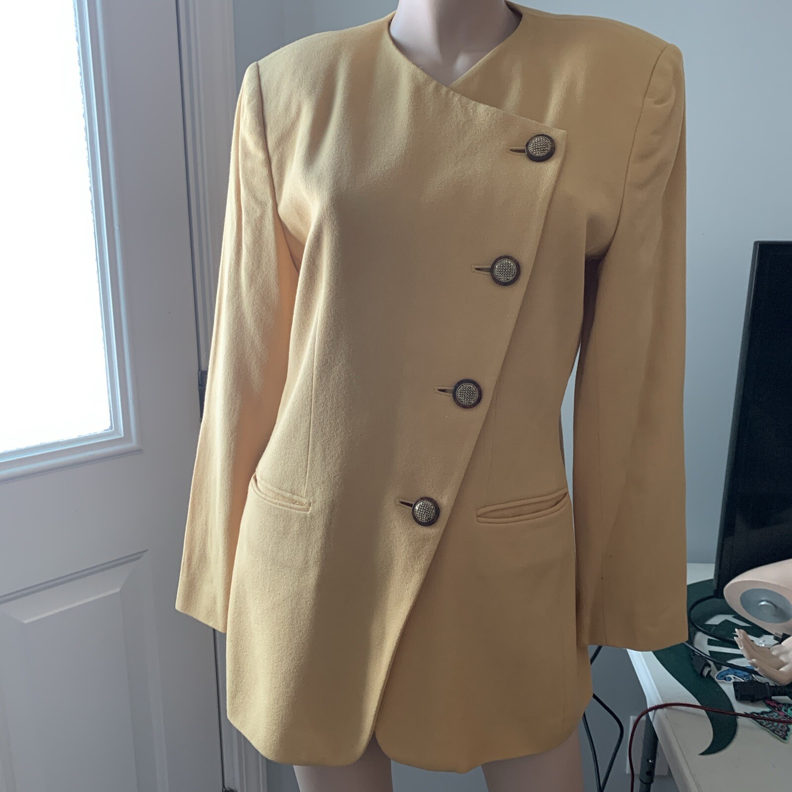 Vintage 80s Wool Kasper For ASL Asymmetrical Harvest Gold Yellow Blazer Jacket 8